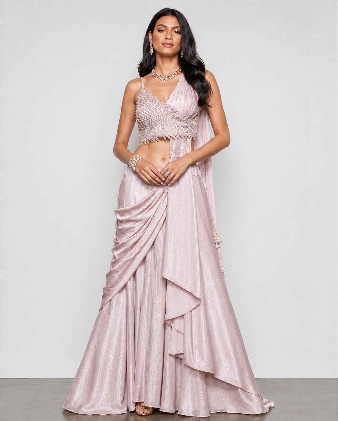 Pink Shimmer Silk Indo Western Dress with Kardana and Cut Work