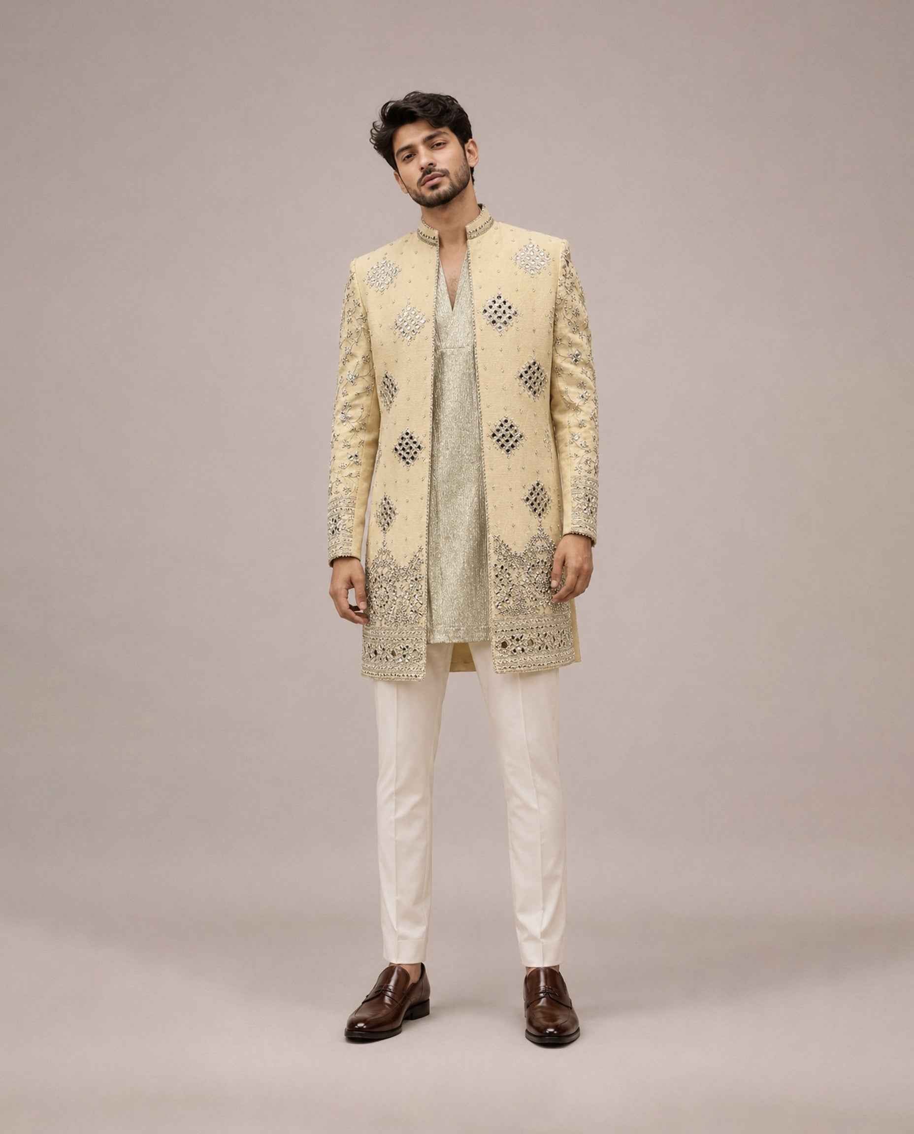 Gold Tissue Silk Indo Western with Tissue Mirror and Embroidery Work