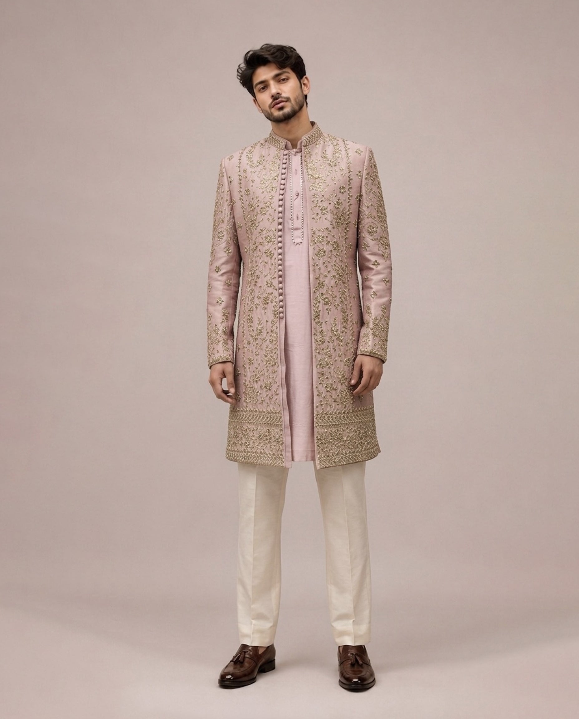 Lilac Raw Silk Indo Western with Hand Mirror and Embroidery Work