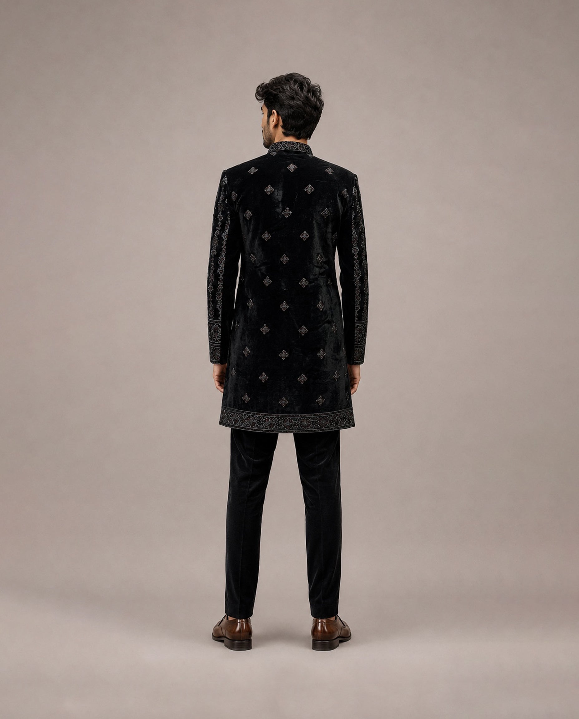Black Velvet Front Open Indo Western with Cutdana and Velvet Machine Work