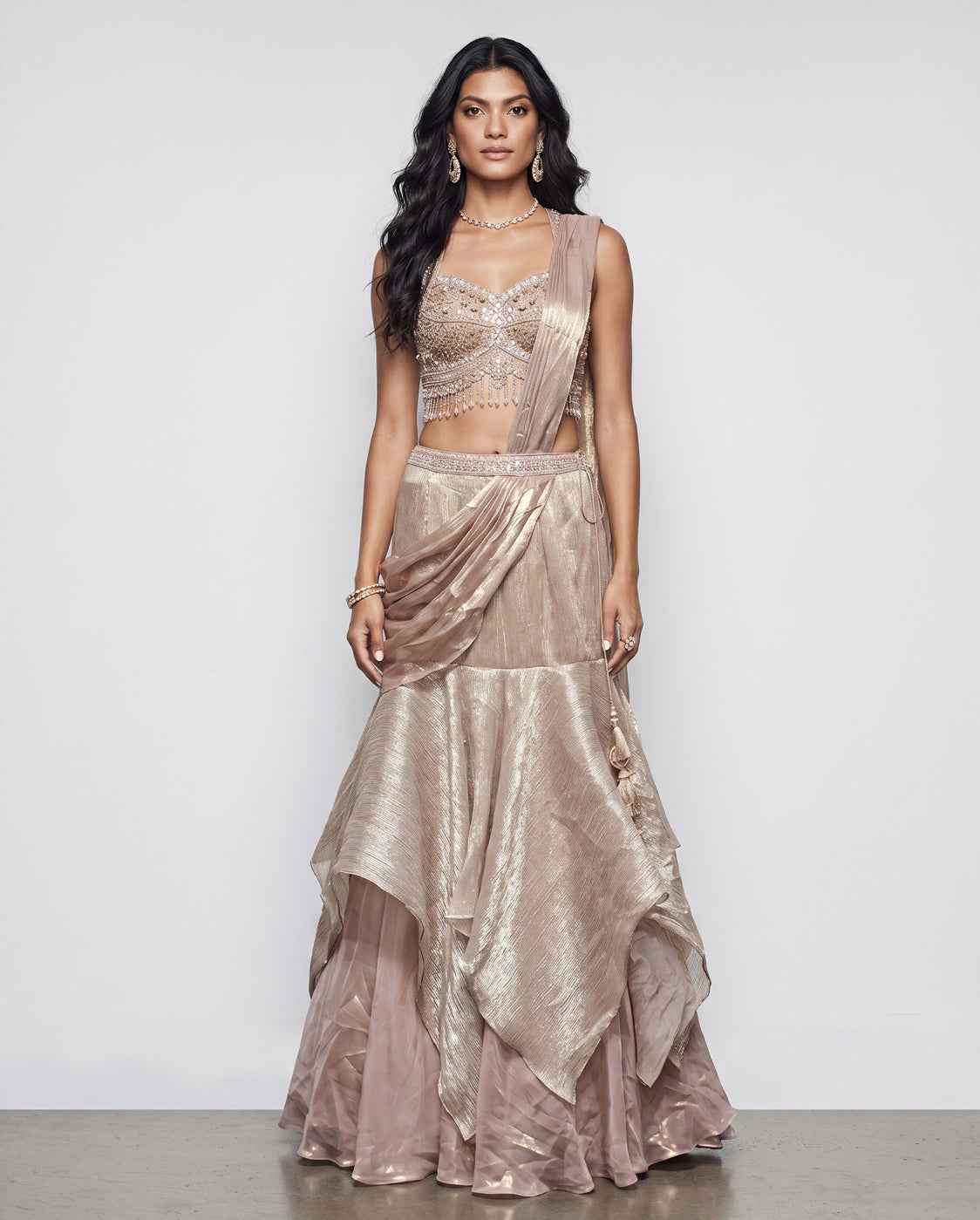 Biscuit Tissue Silk Indo Western Outfit with Mirror Moti and Sequins Work