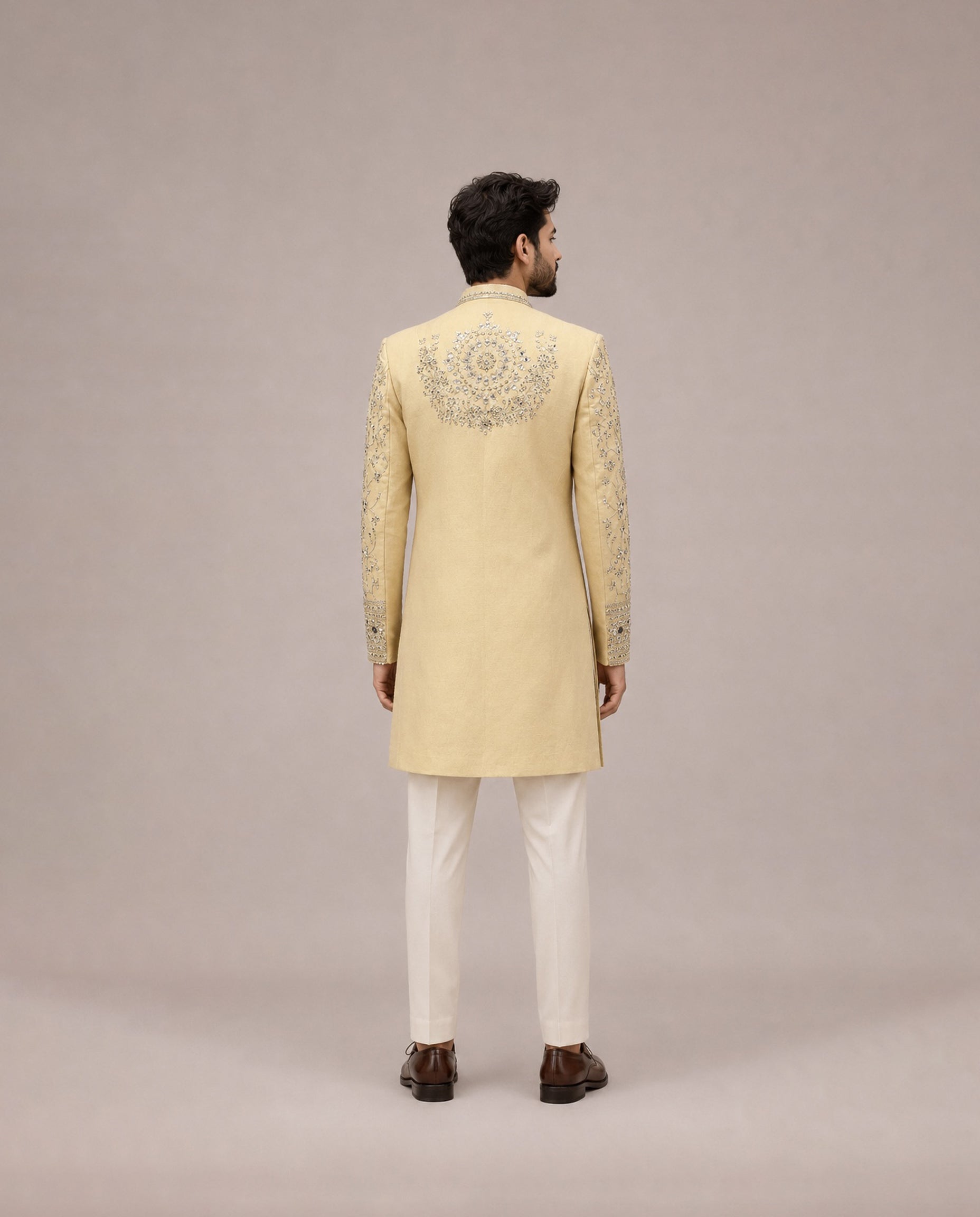 Gold Tissue Silk Indo Western with Tissue Mirror and Embroidery Work