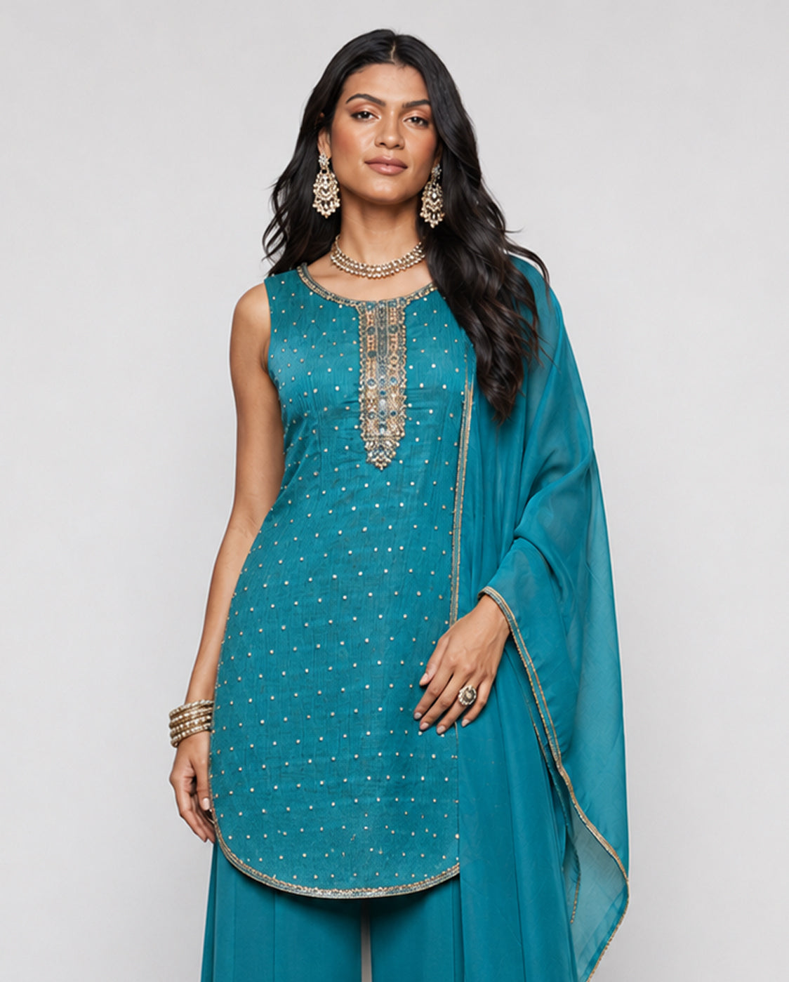 Rama Green Crush Fabric Indo Western with Resham Sequence Work