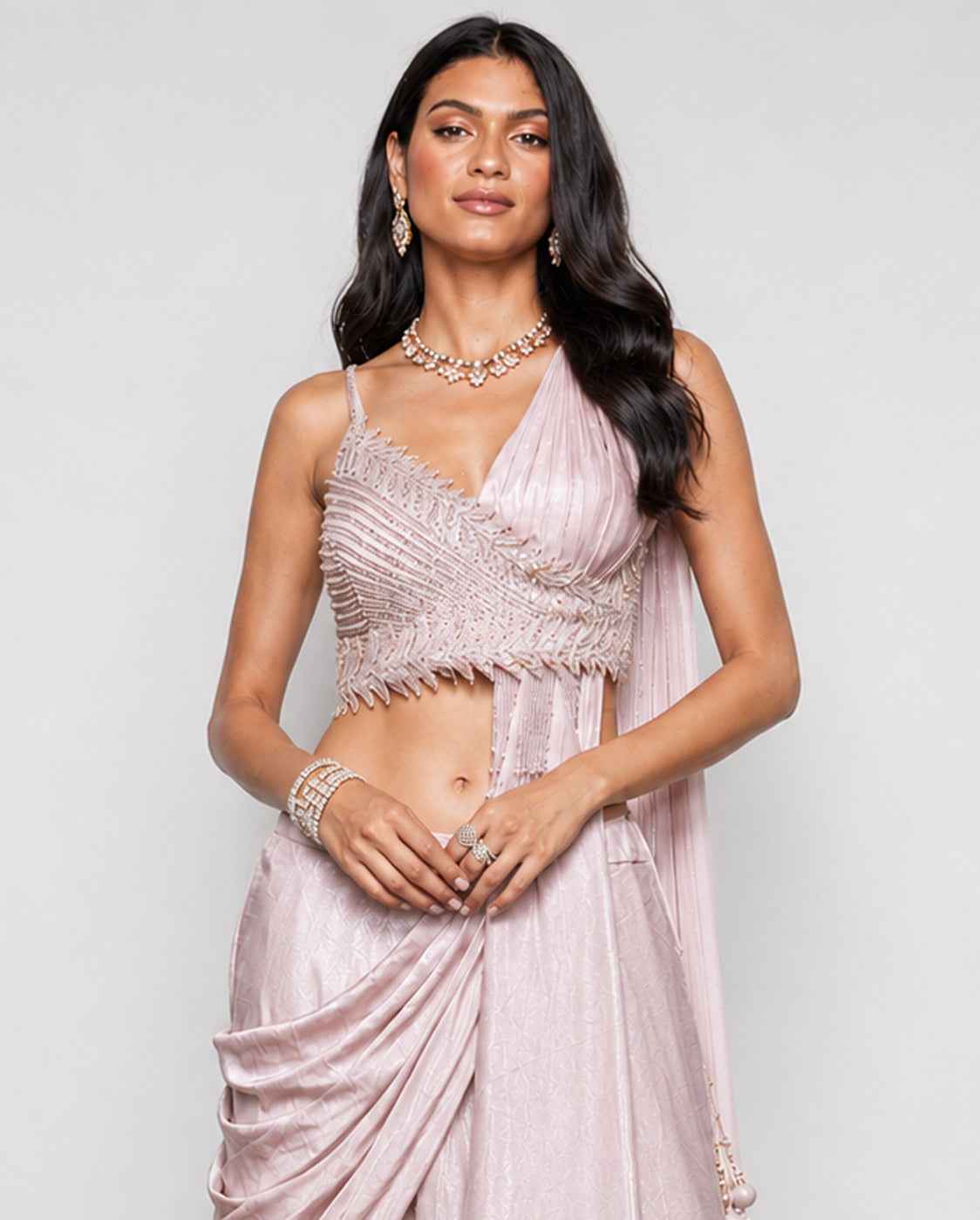 Pink Shimmer Silk Indo Western Dress with Kardana and Cut Work