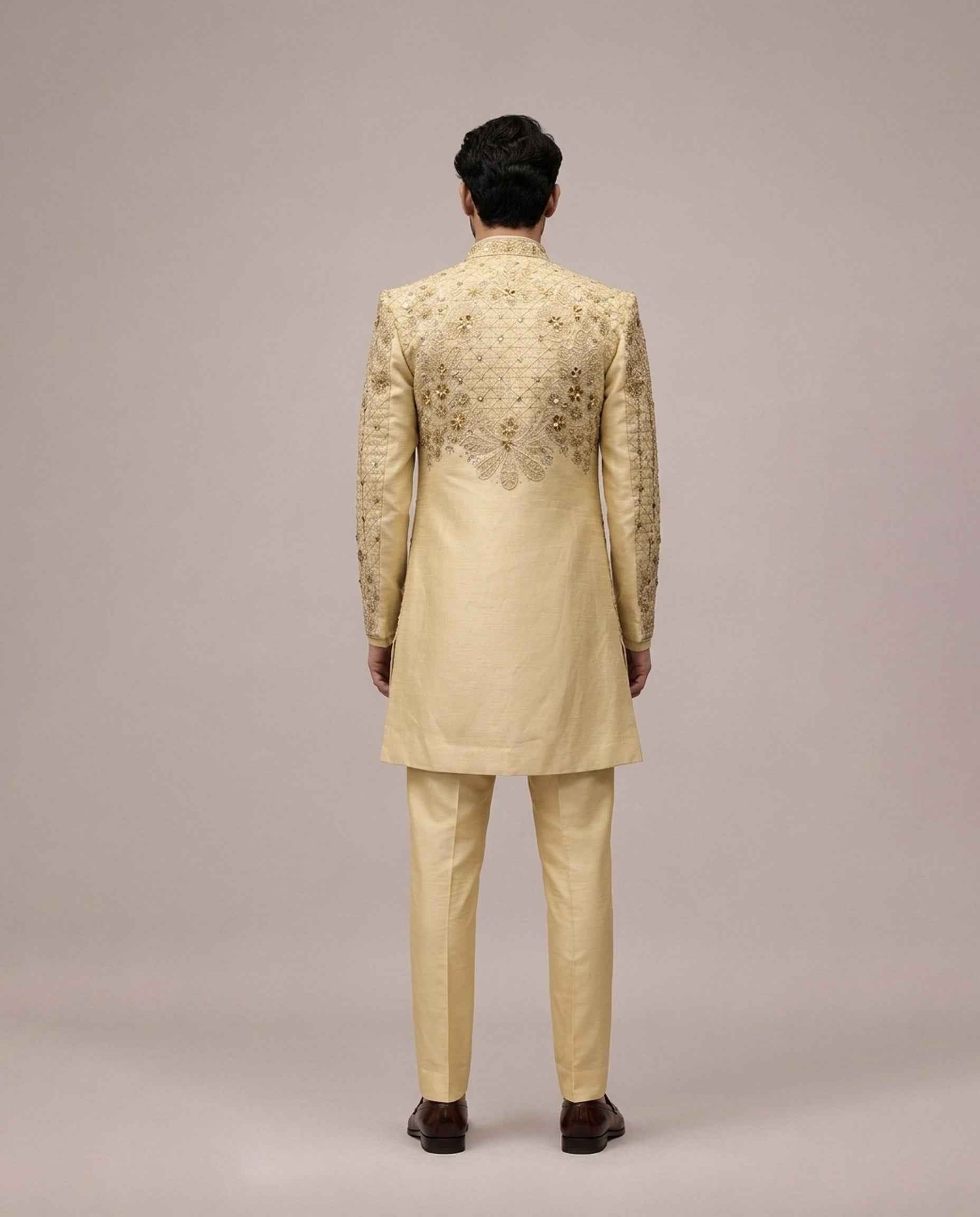 Gold Raw Silk Indo Western with Hand Embroidery and Thread Work
