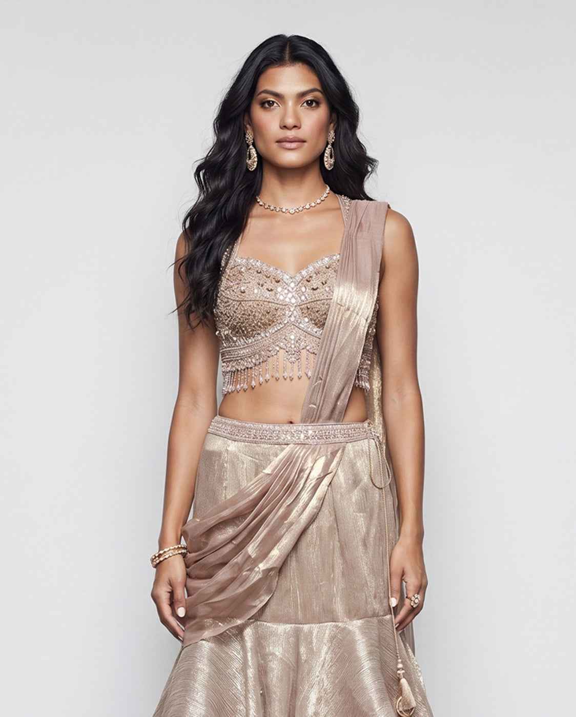 Biscuit Tissue Silk Indo Western Outfit with Mirror Moti and Sequins Work