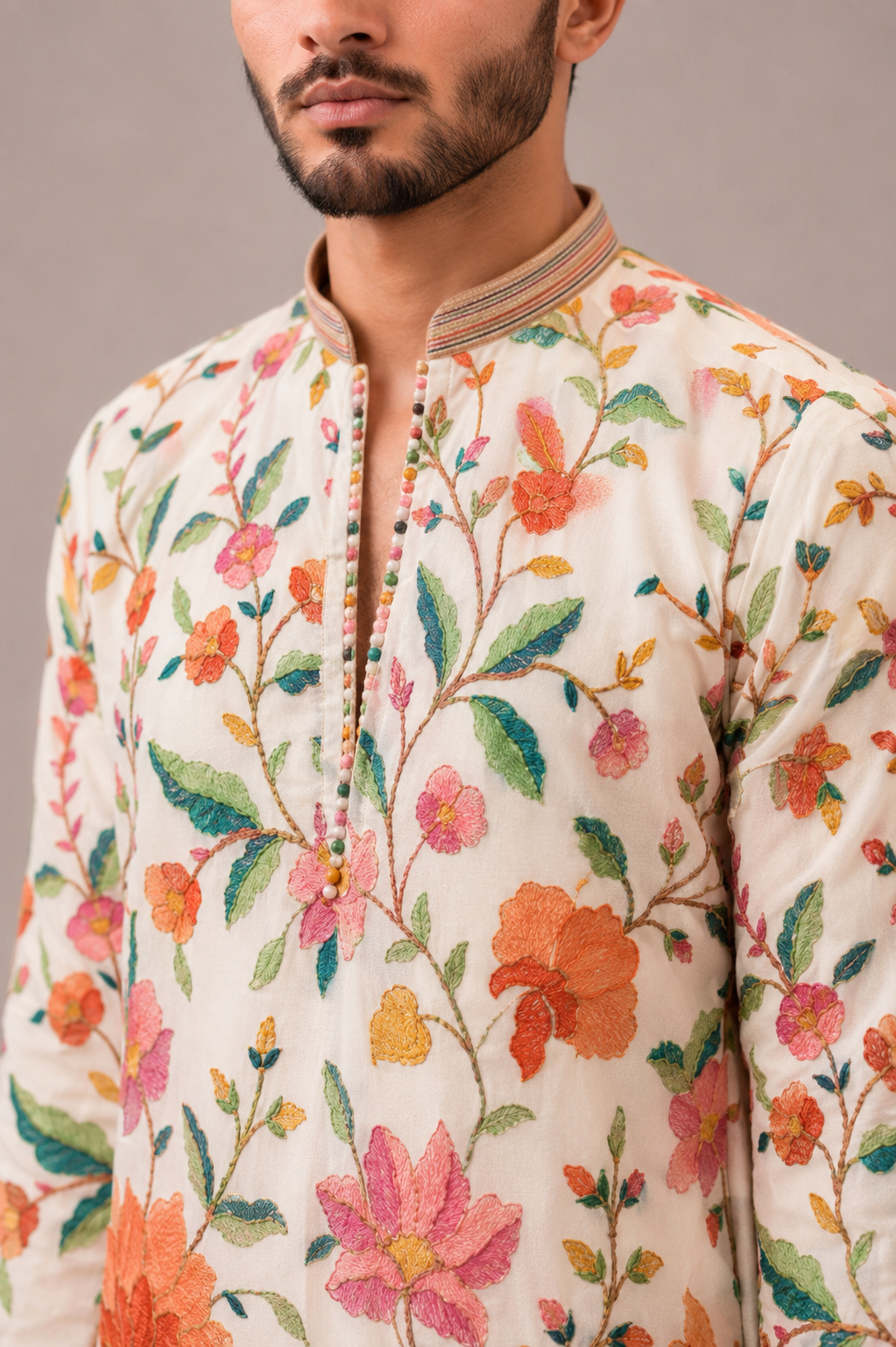 White Chiffon Kurta Set with Floral Print and Embroidery Work