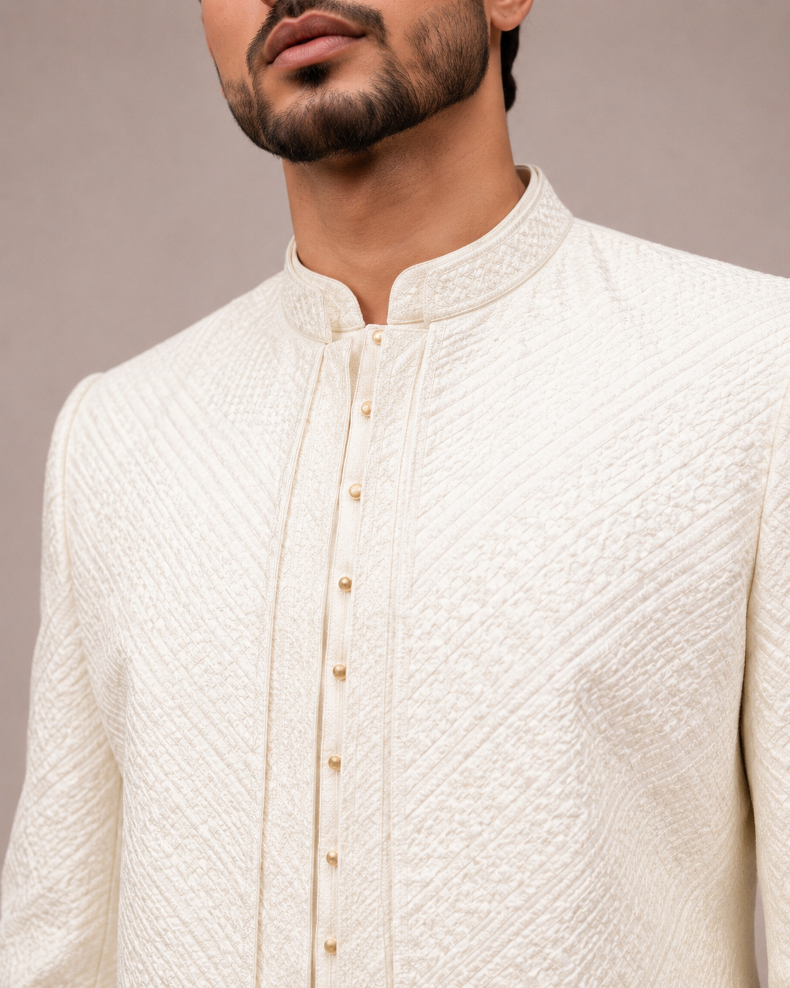 White Lakhnavi Indo Western for Men with Thread Work