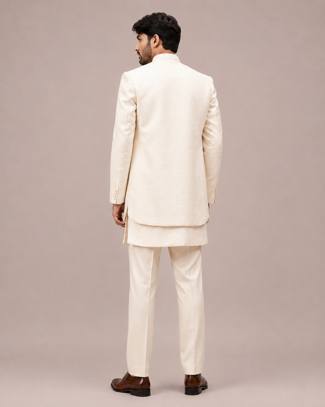 White Lakhnavi Indo Western for Men with Thread Work