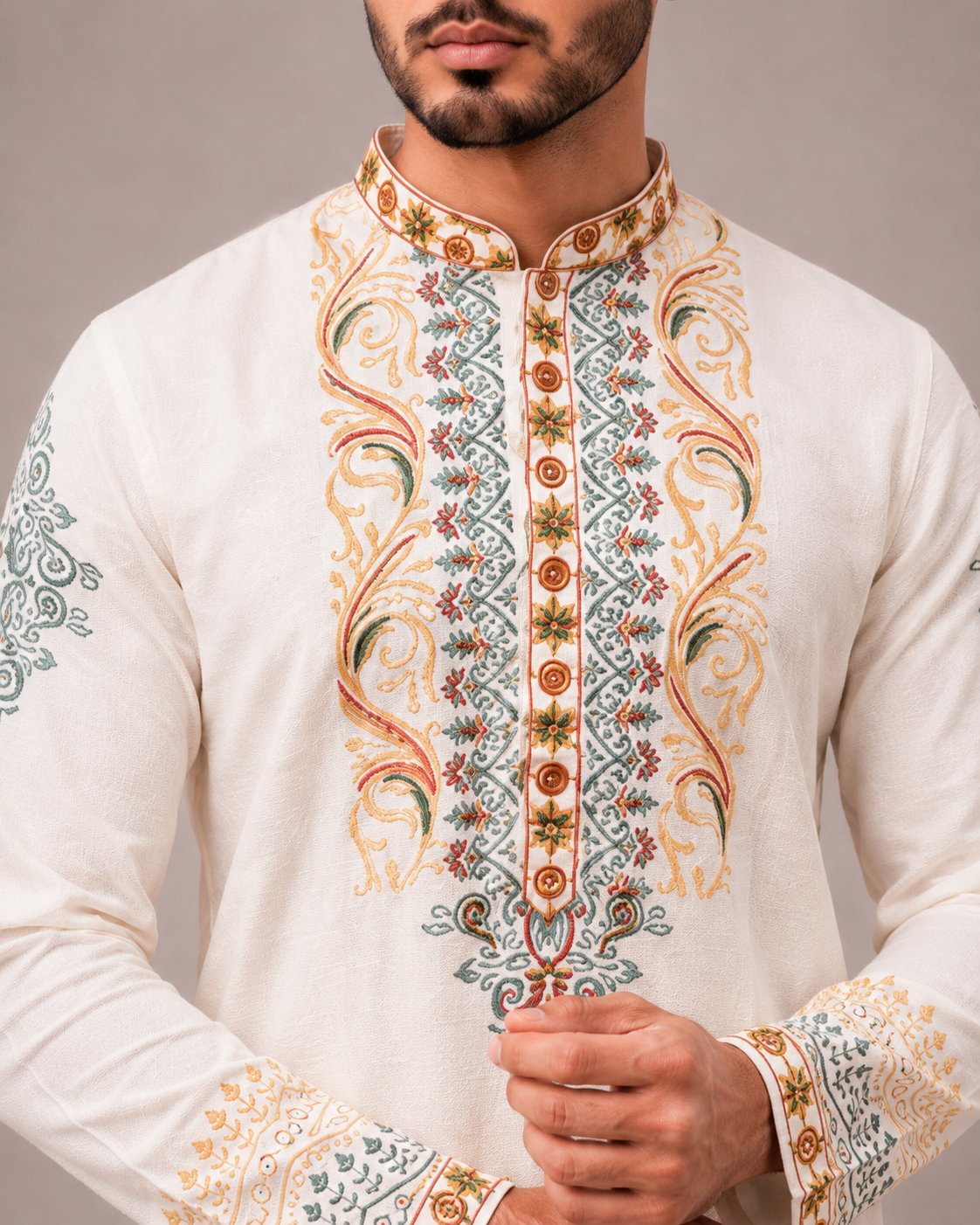 White Linen Kurta Set with Hand Print and Artisan Work