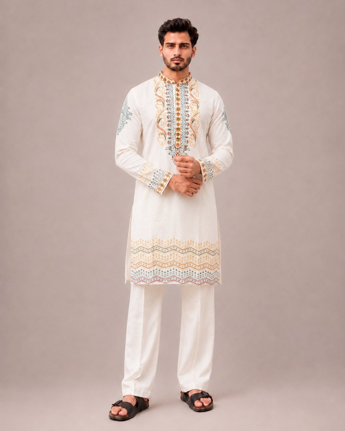 White Linen Kurta Set with Hand Print and Artisan Work