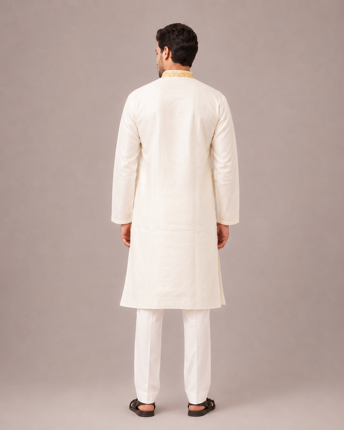 White Linen Kurta Set with Hand Print and Artisan Work
