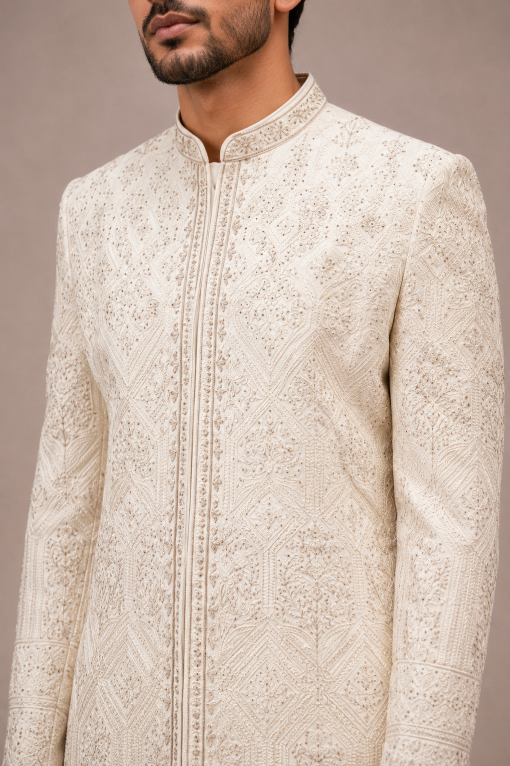 White Silk Indo Western for Men with Machine Work
