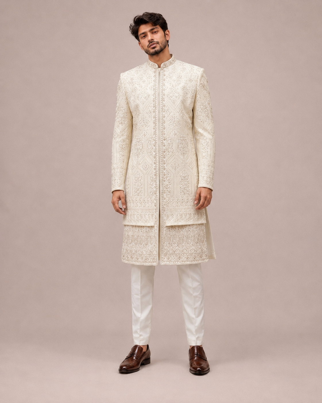 White Silk Indo Western for Men with Machine Work
