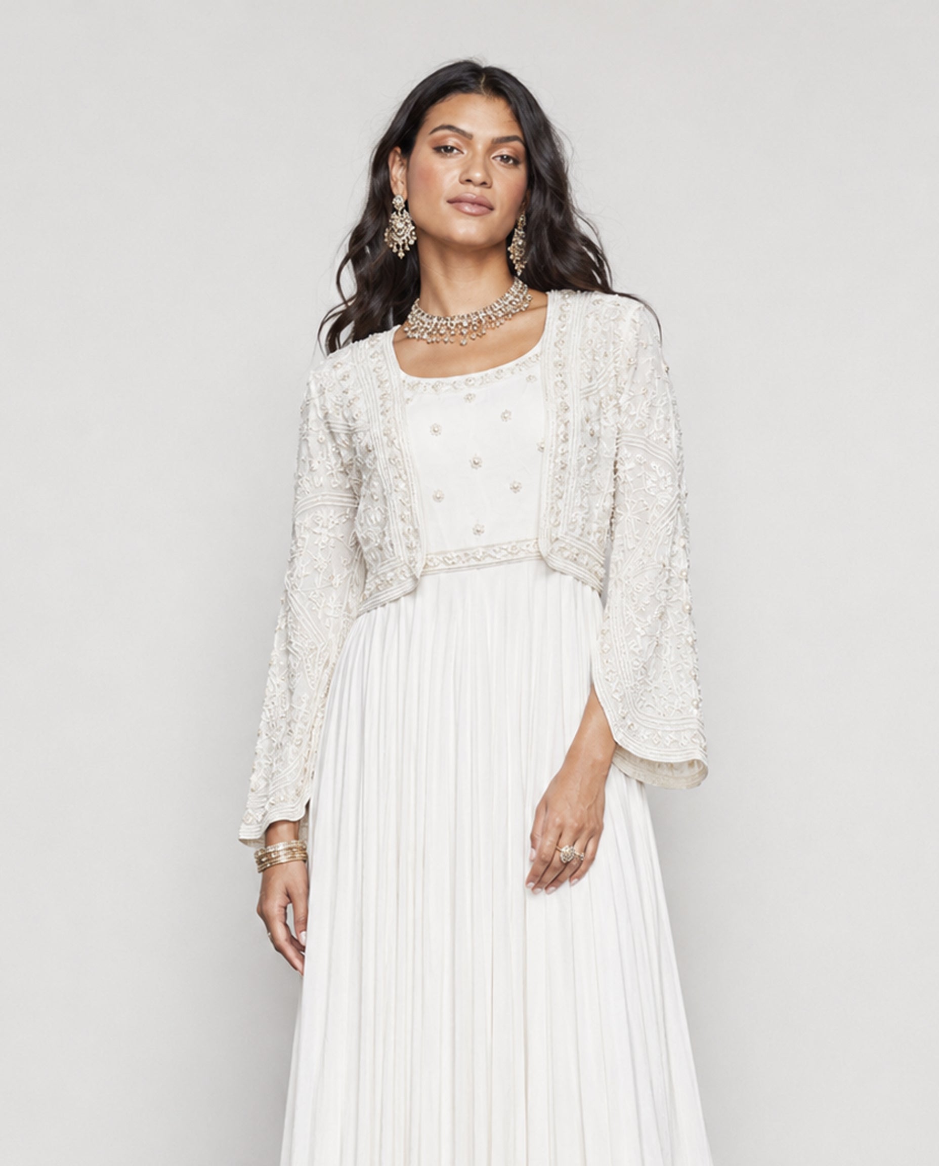 White Soft Silk Indo Western Outfit with Kardana Moti Resham Work