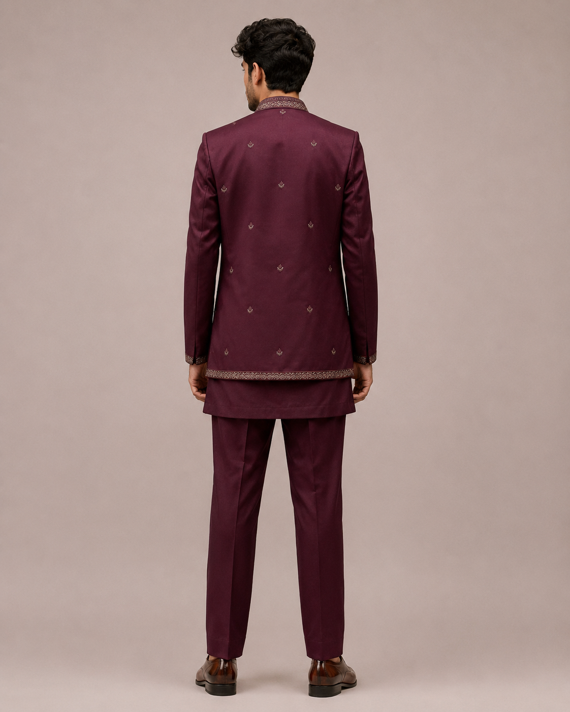 Wine Art Silk Indo Western for Men with Machine Embroidery Work