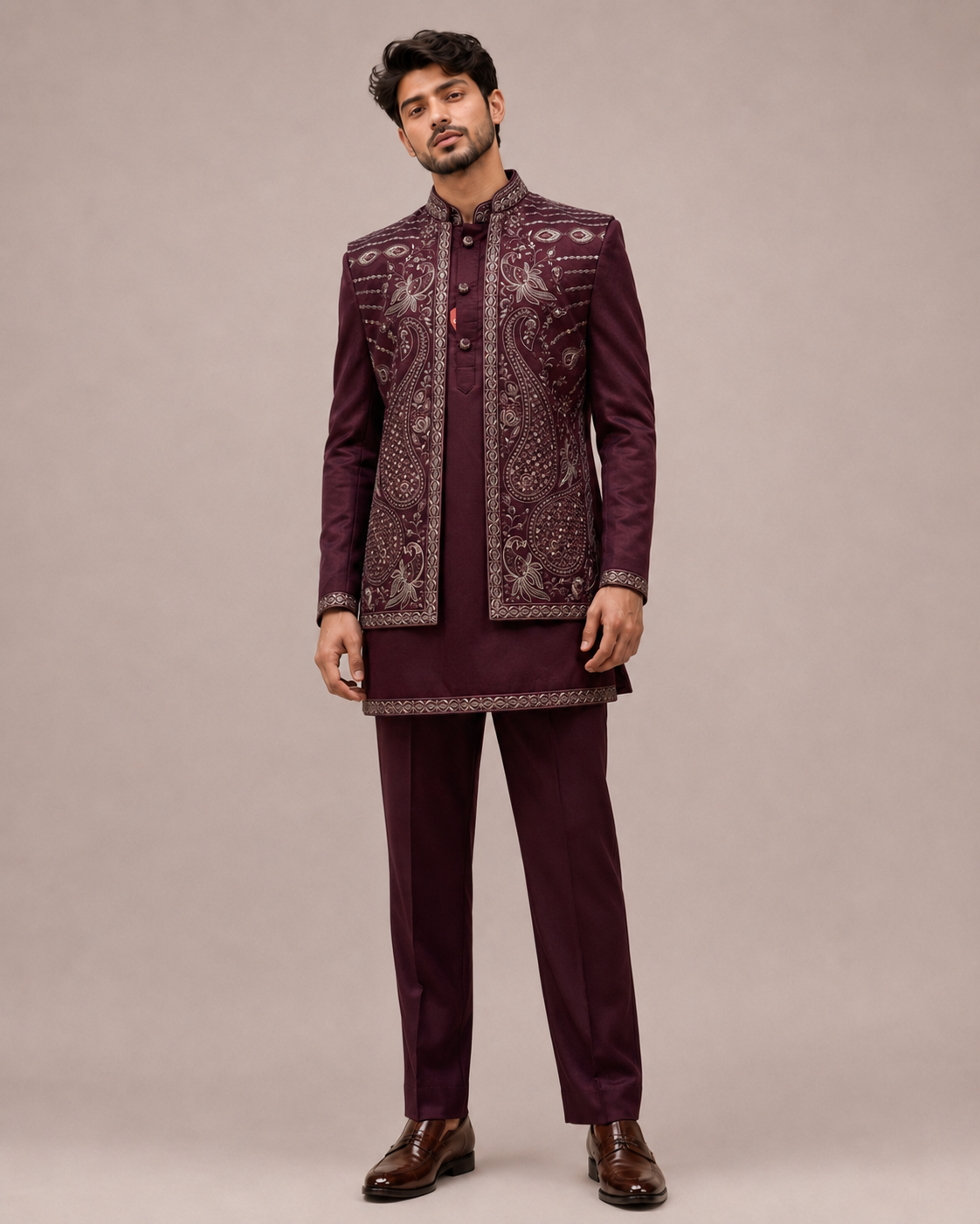 Wine Art Silk Indo Western for Men with Machine Embroidery Work