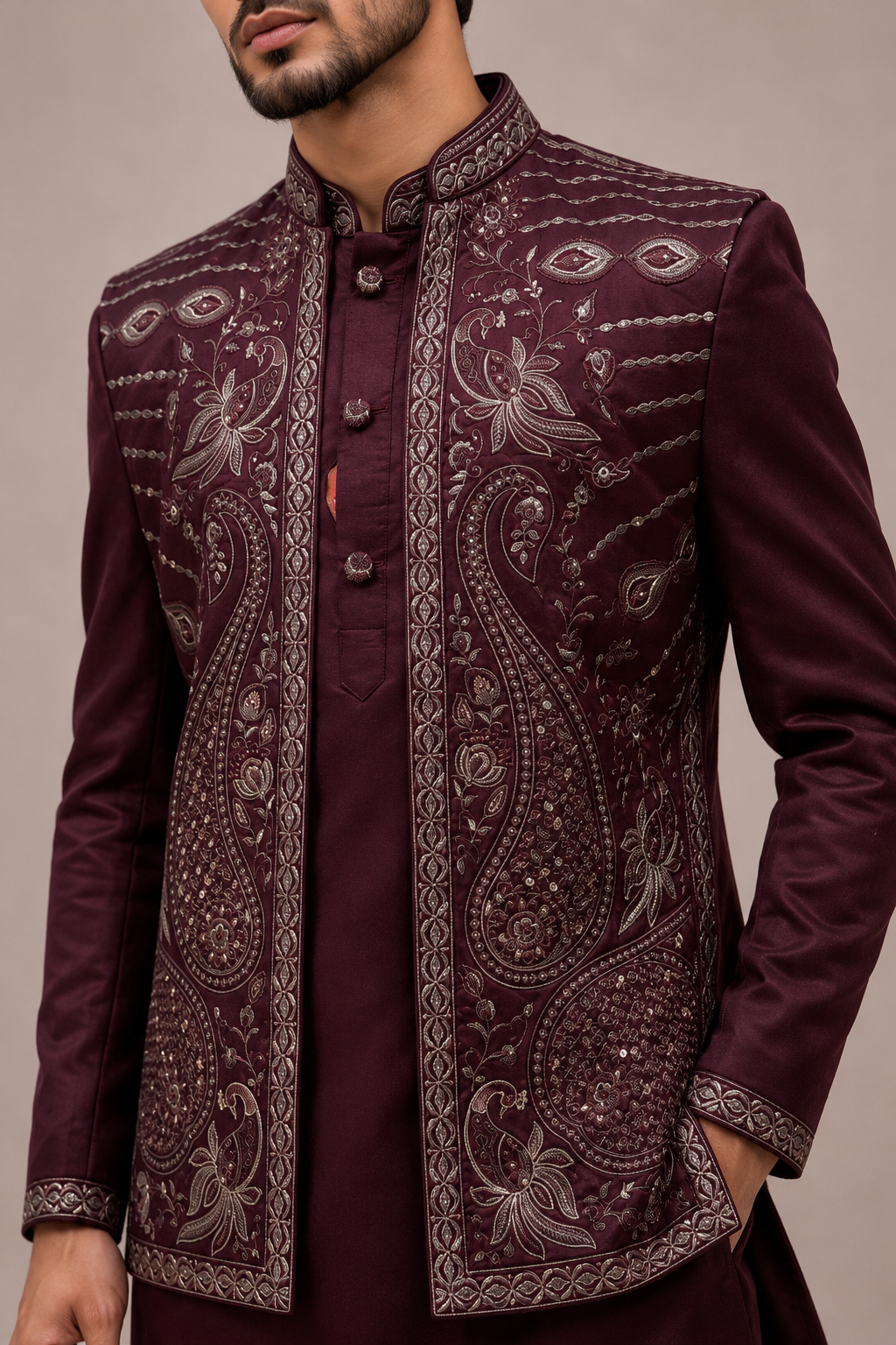 Wine Art Silk Indo Western for Men with Machine Embroidery Work