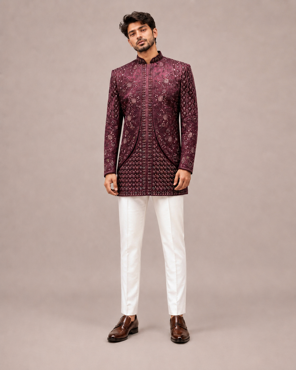Wine Art Silk Indo Western for Men with Machine Embroidery Work