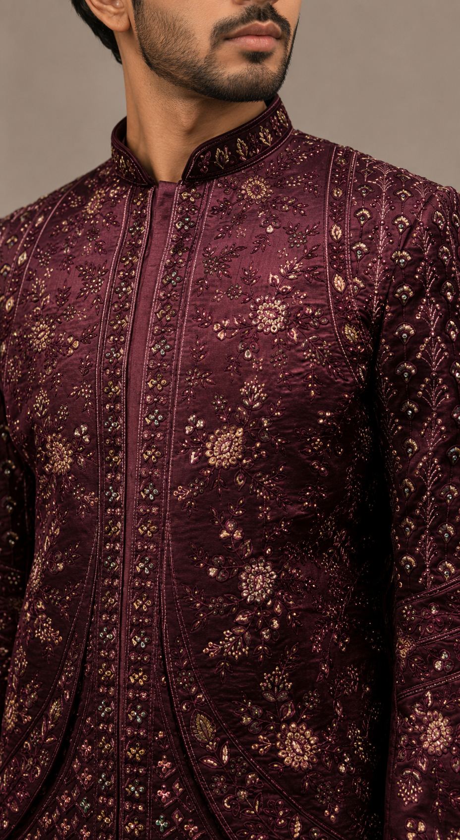 Wine Art Silk Indo Western for Men with Machine Embroidery