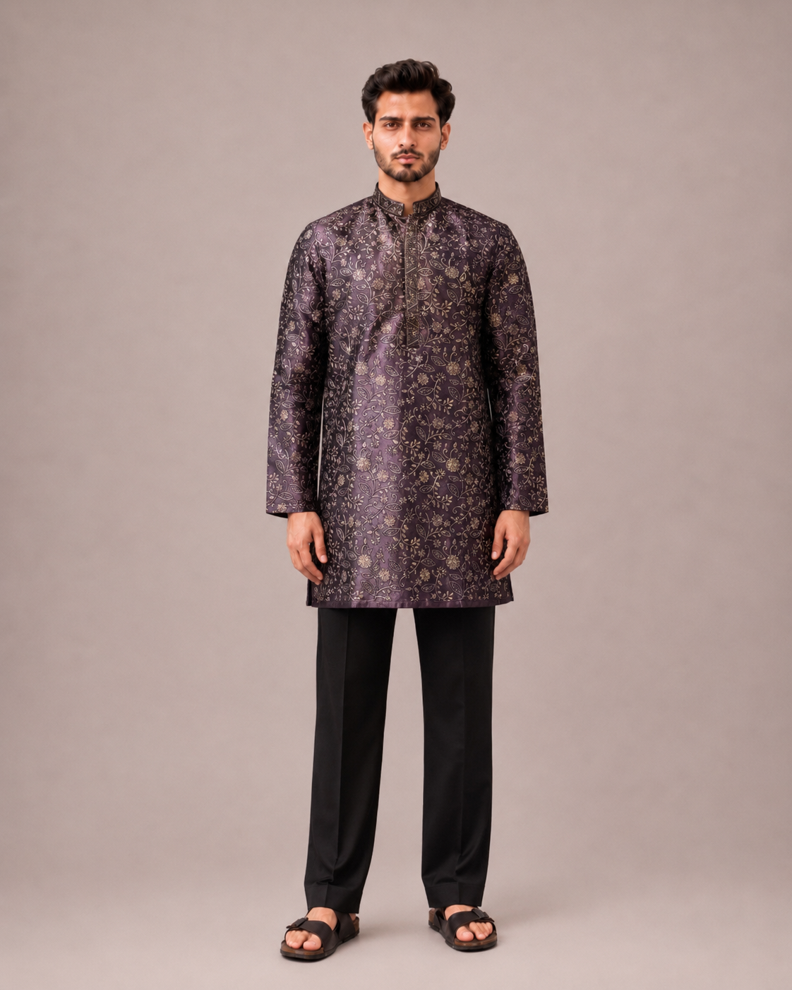 Wine Baby Silk Kurta Set with Machine Embroidery Work