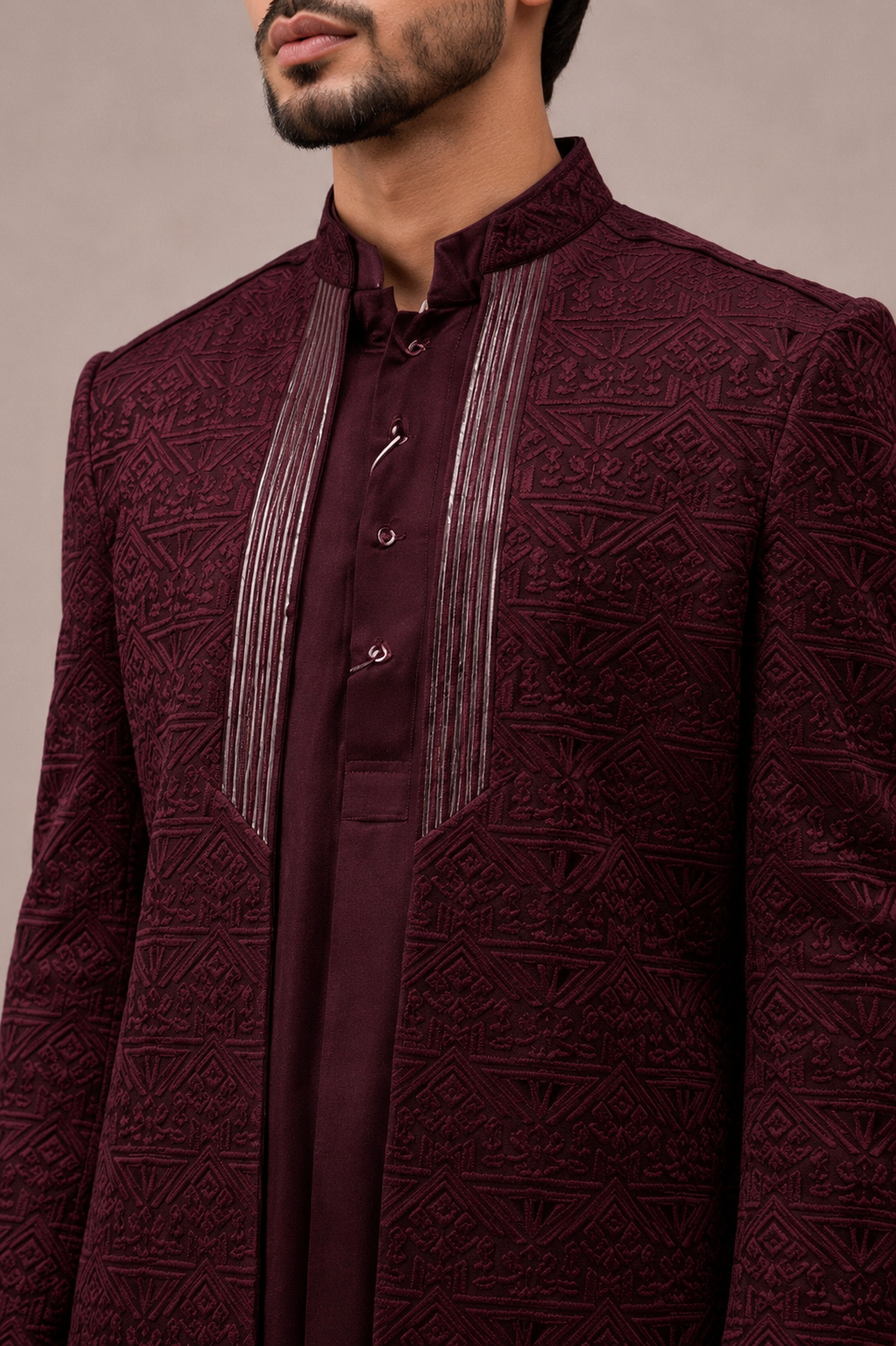 Wine Banaglori Silk Kurta Indo Western for Men with Machine Work