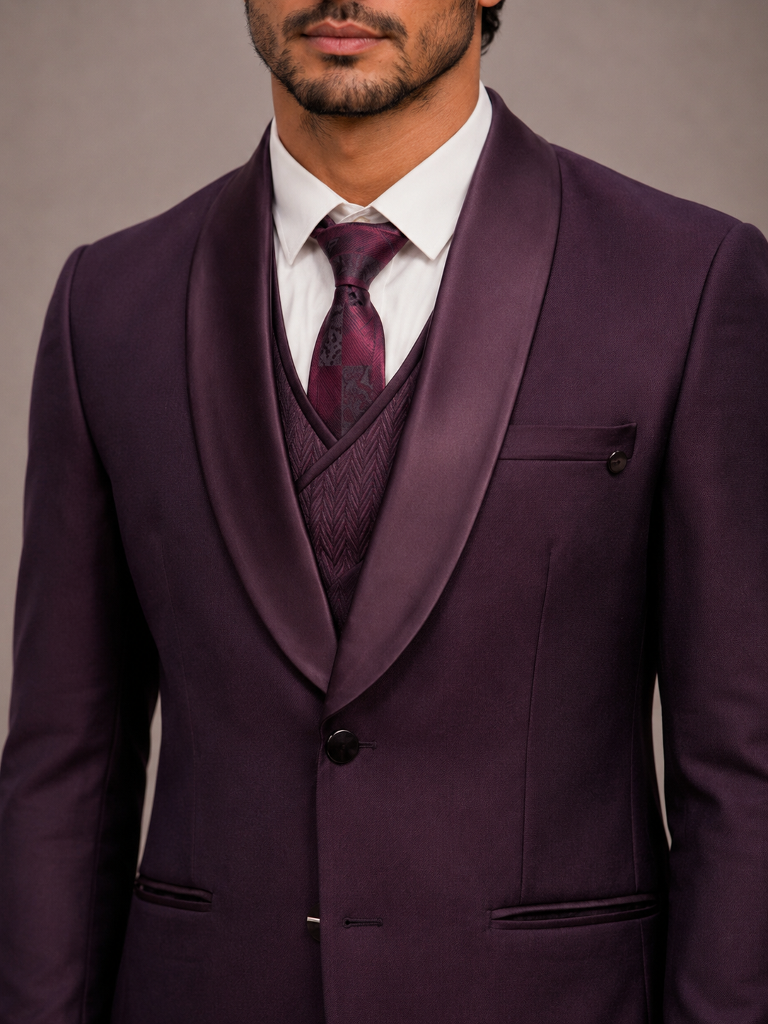 Wine Italian Fabric 5 Piece Tuxedo Suit