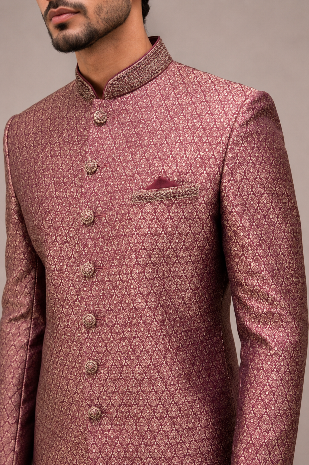 Wine Jacquard Silk Indo Western for Men with Hand Work on Neck, Button and Pocket