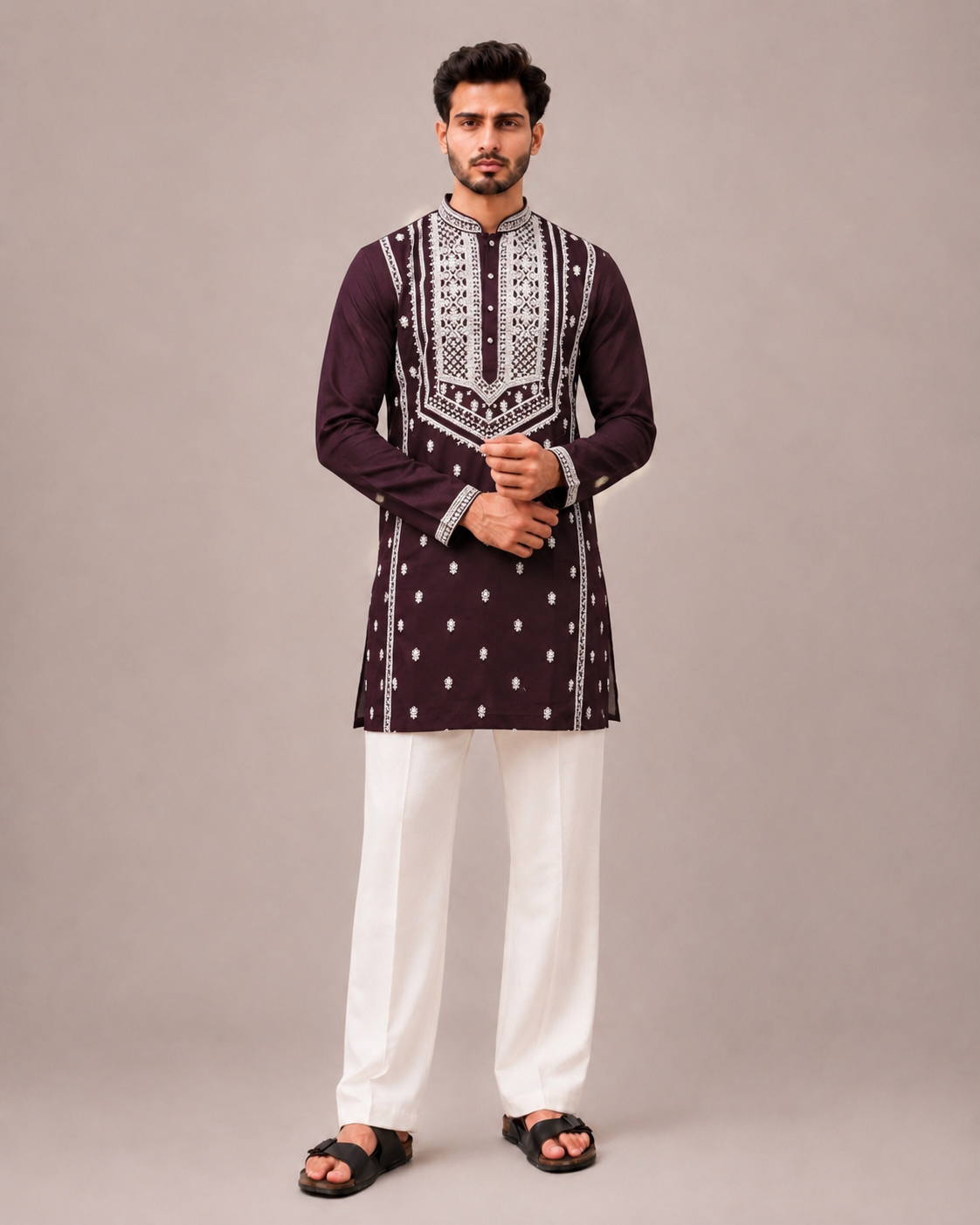 Wine Korean Fabric Kurta Set with Hand & Computer Embroidery Work
