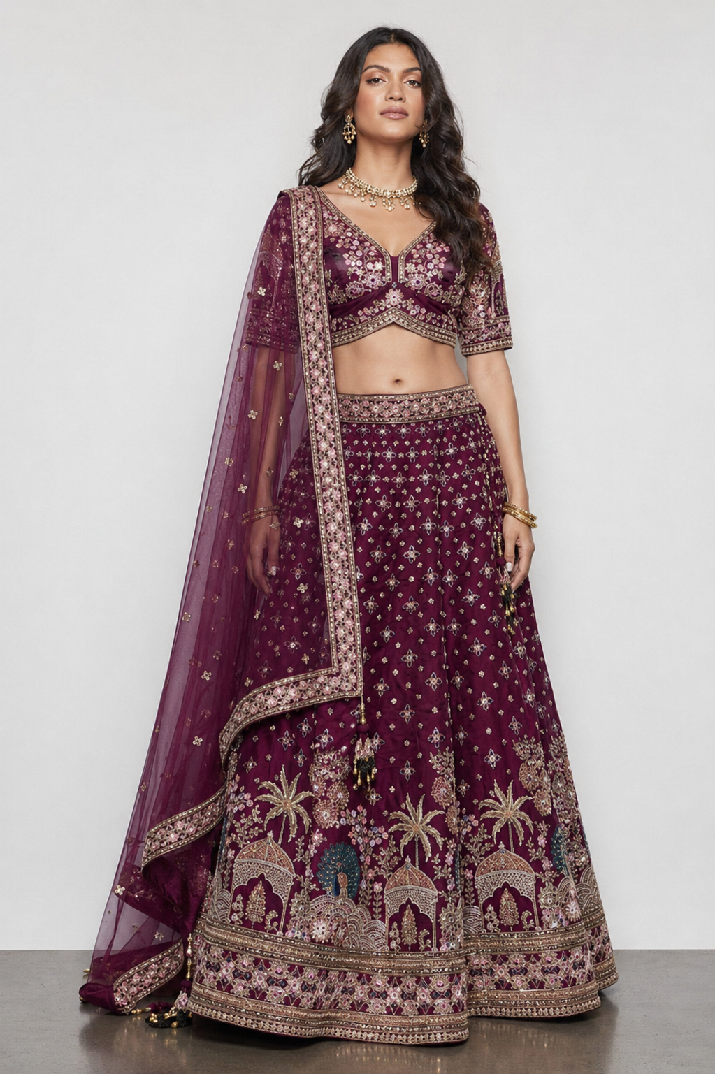 Wine Pure Raw Silk Bridal Lehenga with Miral, Resham and Zartar Hand Work