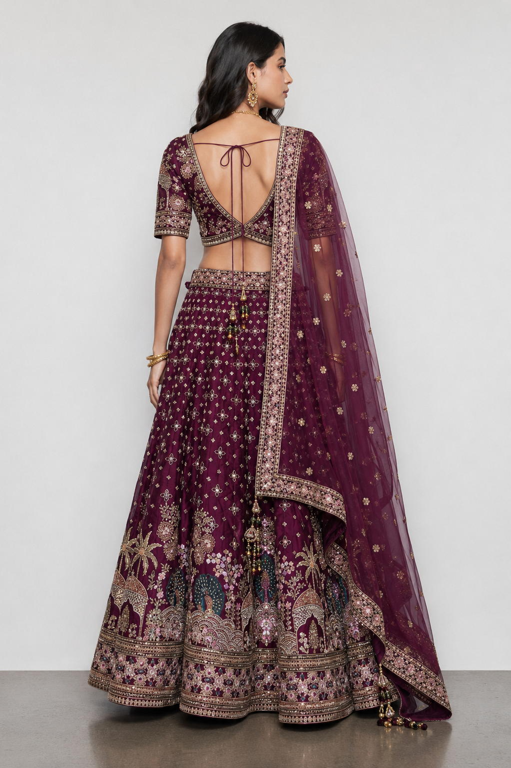 Wine Pure Raw Silk Bridal Lehenga with Miral, Resham and Zartar Hand Work