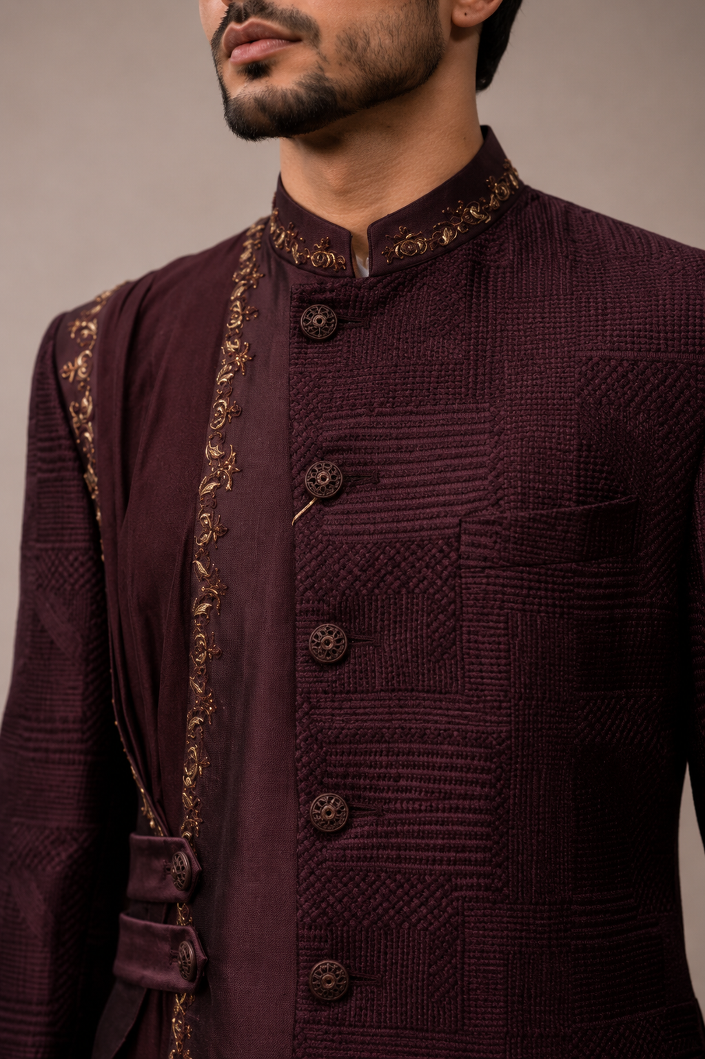 Wine Silk Indo Western with Machine Prints and Hand Embroidery Work