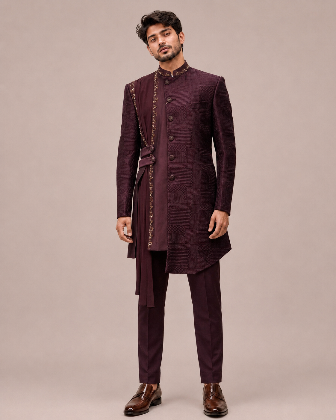 Wine Silk Indo Western with Machine Prints and Hand Embroidery Work