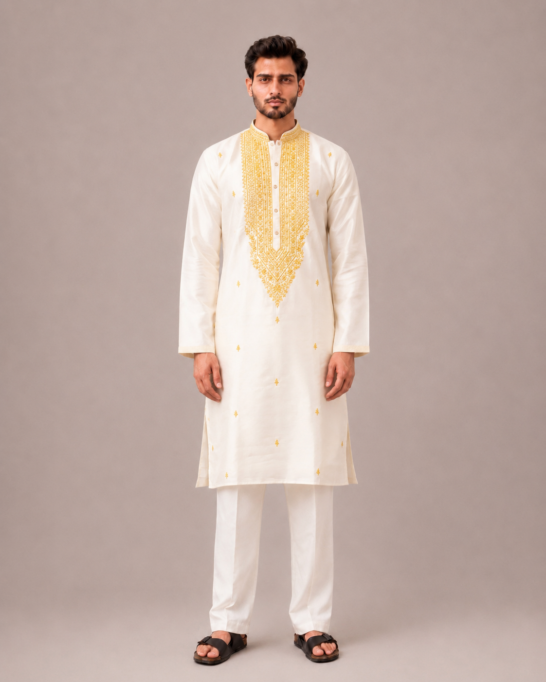 Yellow Banarasi Silk Kurta Set with Thread Computer Embroidery Work