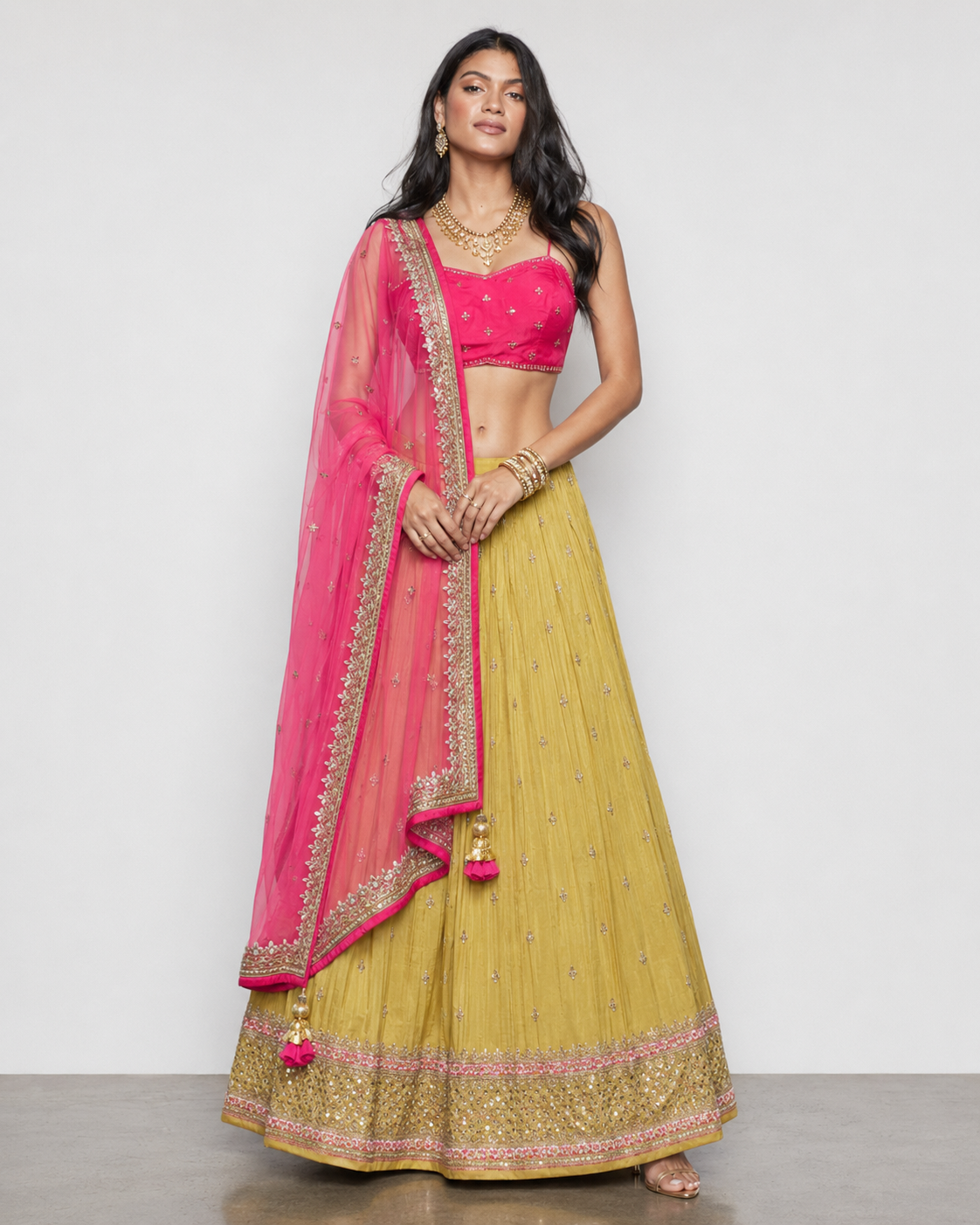 Yellow Chiffon Silk Lehenga Choli with Miral, Resham and Kashab Work