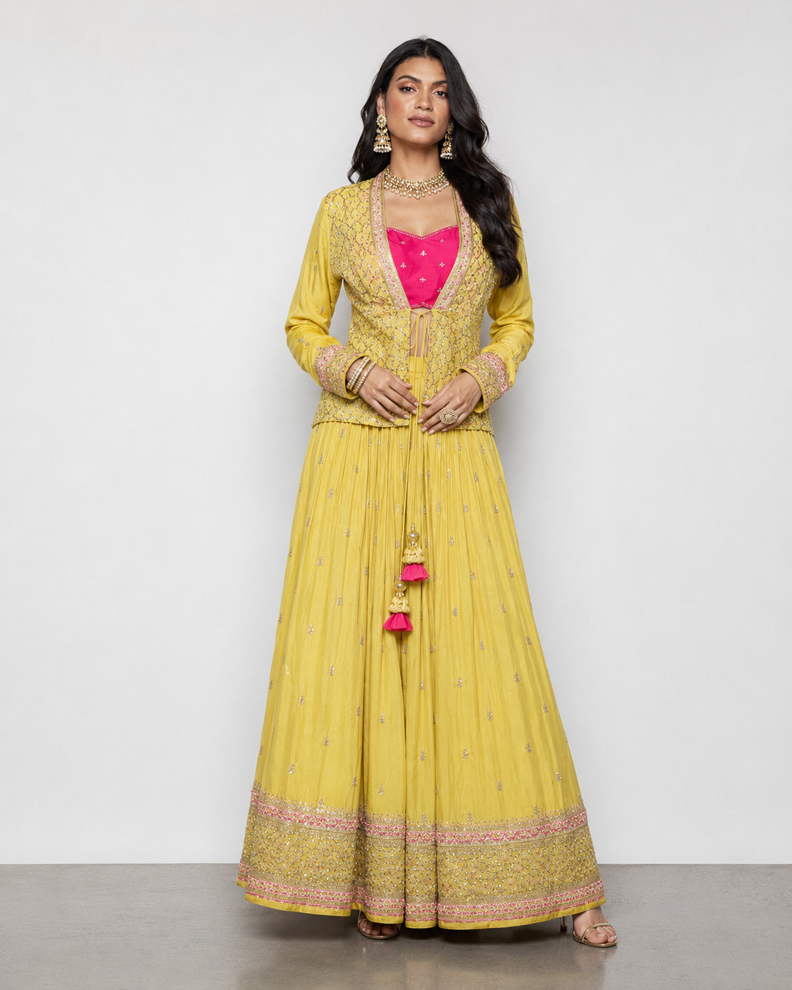 Yellow Chiffon Silk Lehenga Choli with Miral, Resham and Kashab Work