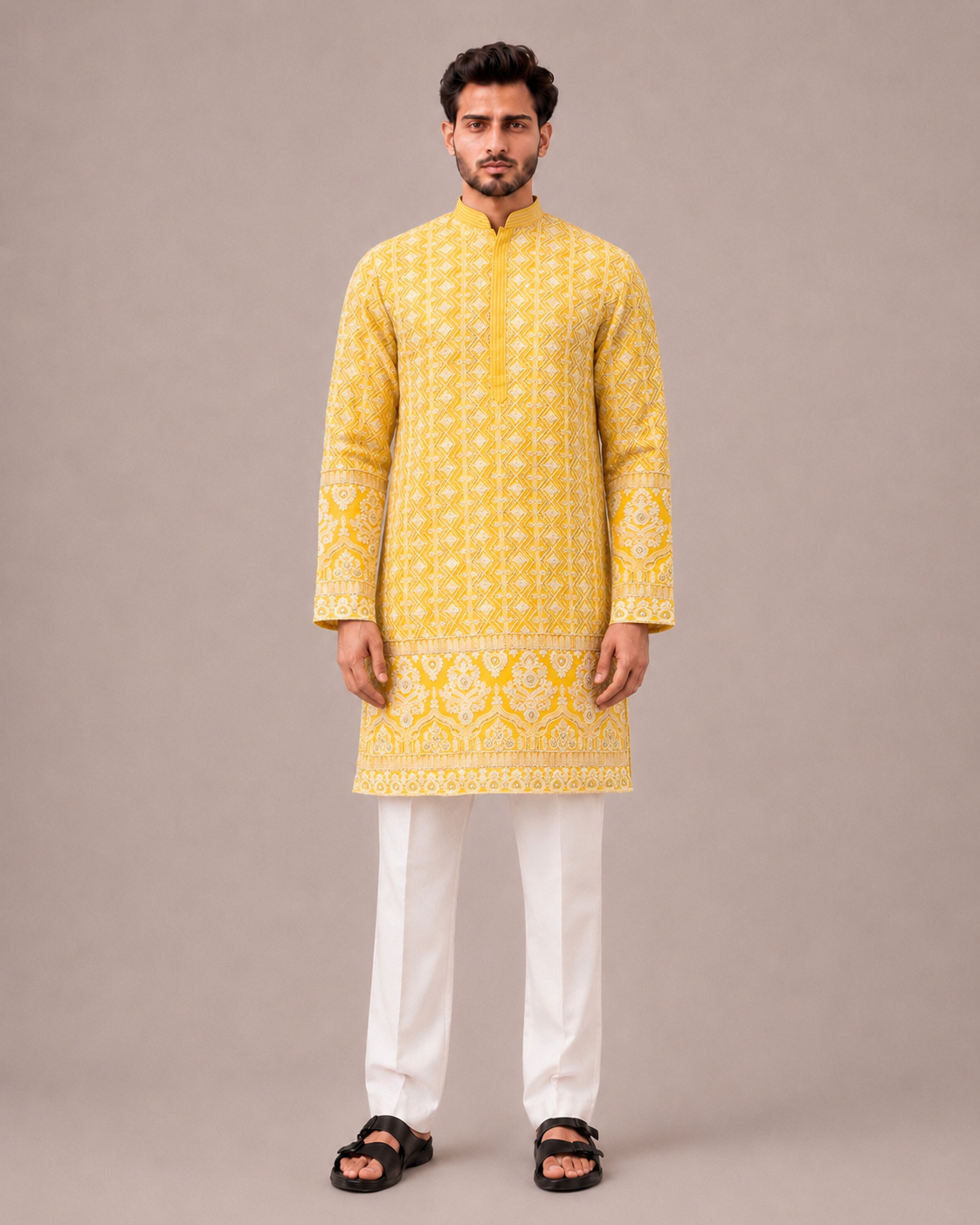 Yellow Lucknowi Kurta Set with Dori and Chikankari Work
