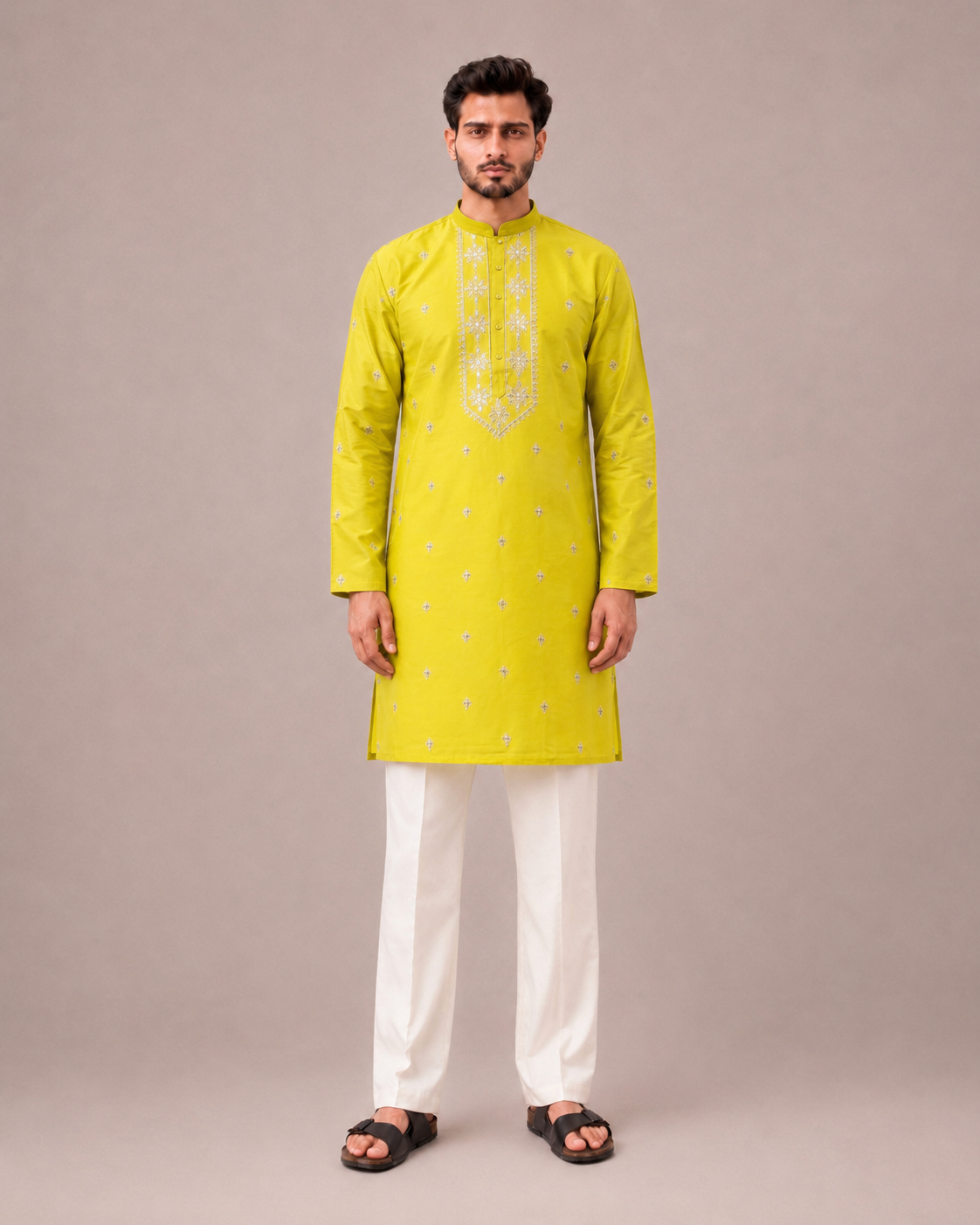 Yellow Pure Silk Kurta Set with Machine Embroidery Work