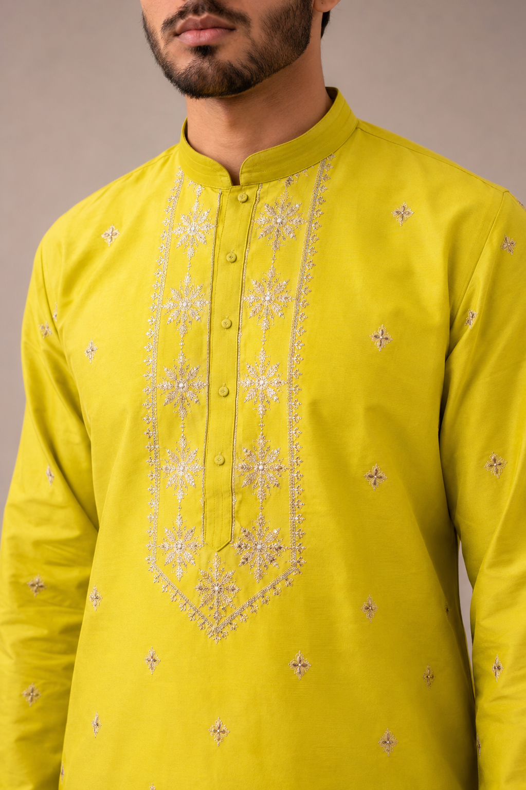 Yellow Pure Silk Kurta Set with Machine Embroidery Work