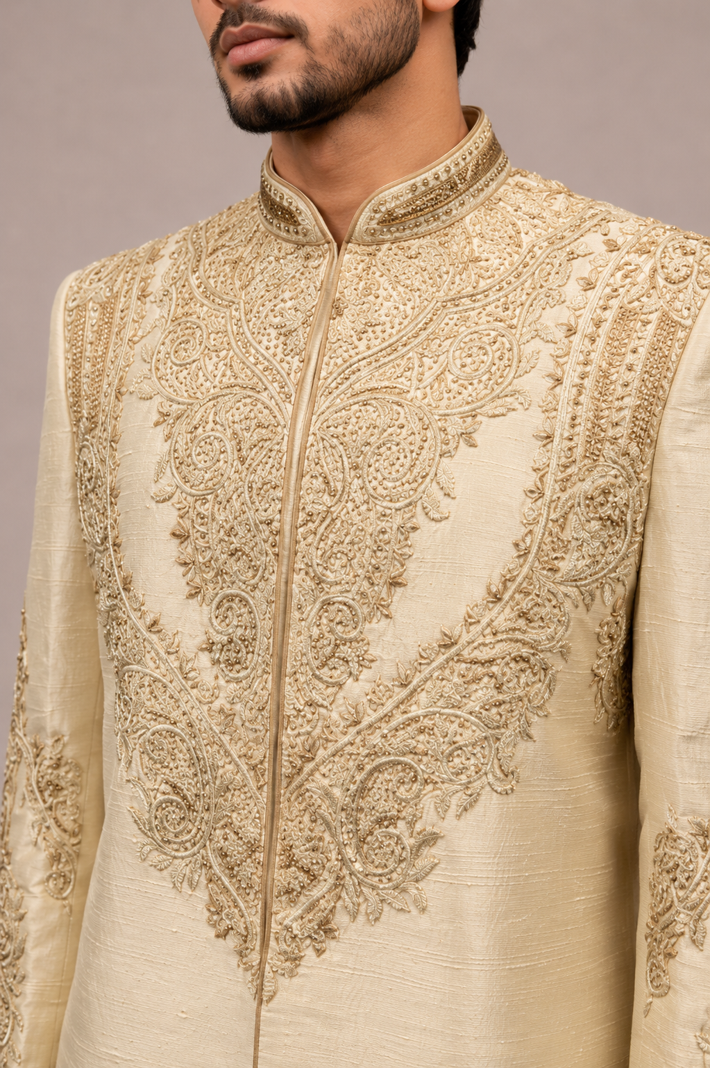 Yellow Raw Silk Indo Western for Men with Hand Work