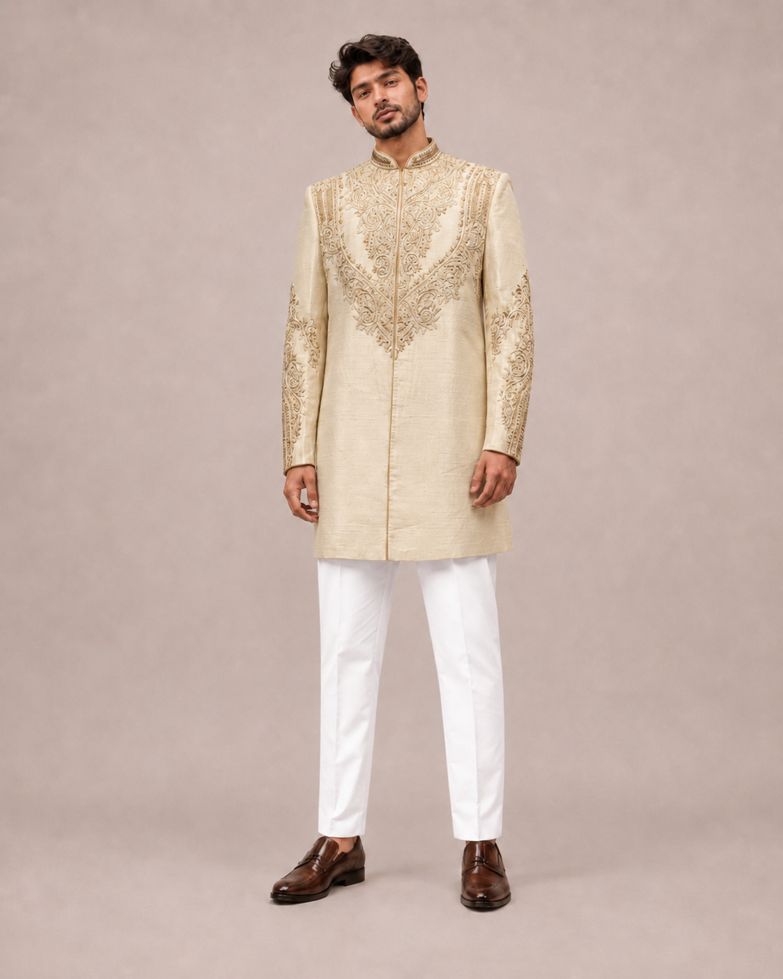 Yellow Raw Silk Indo Western for Men with Hand Work