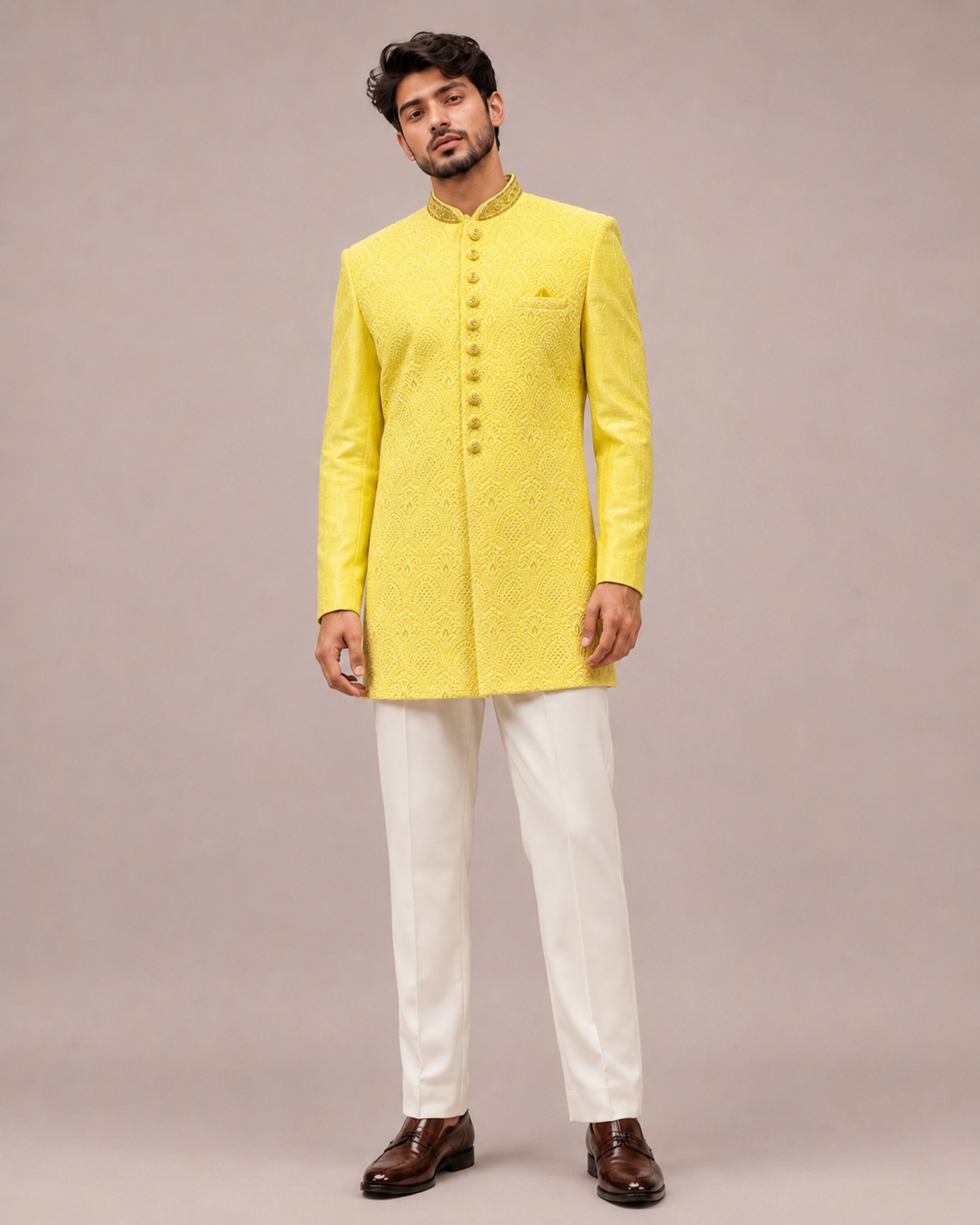 Yellow Silk Indo Western for Men with Lakhnavi and Neck Button Hand Work