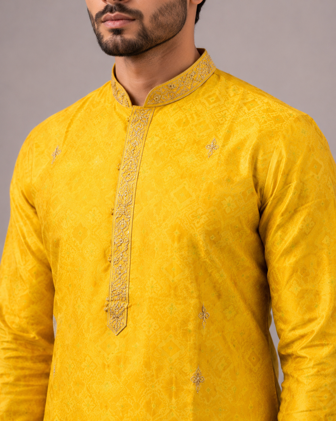 Yellow Silk Kurta Set with Hand Mirror and Thread Work