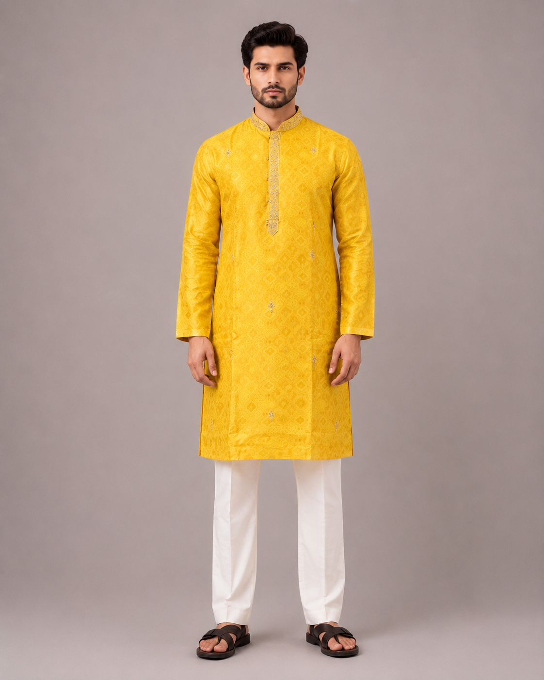 Yellow Silk Kurta Set with Hand Mirror and Thread Work