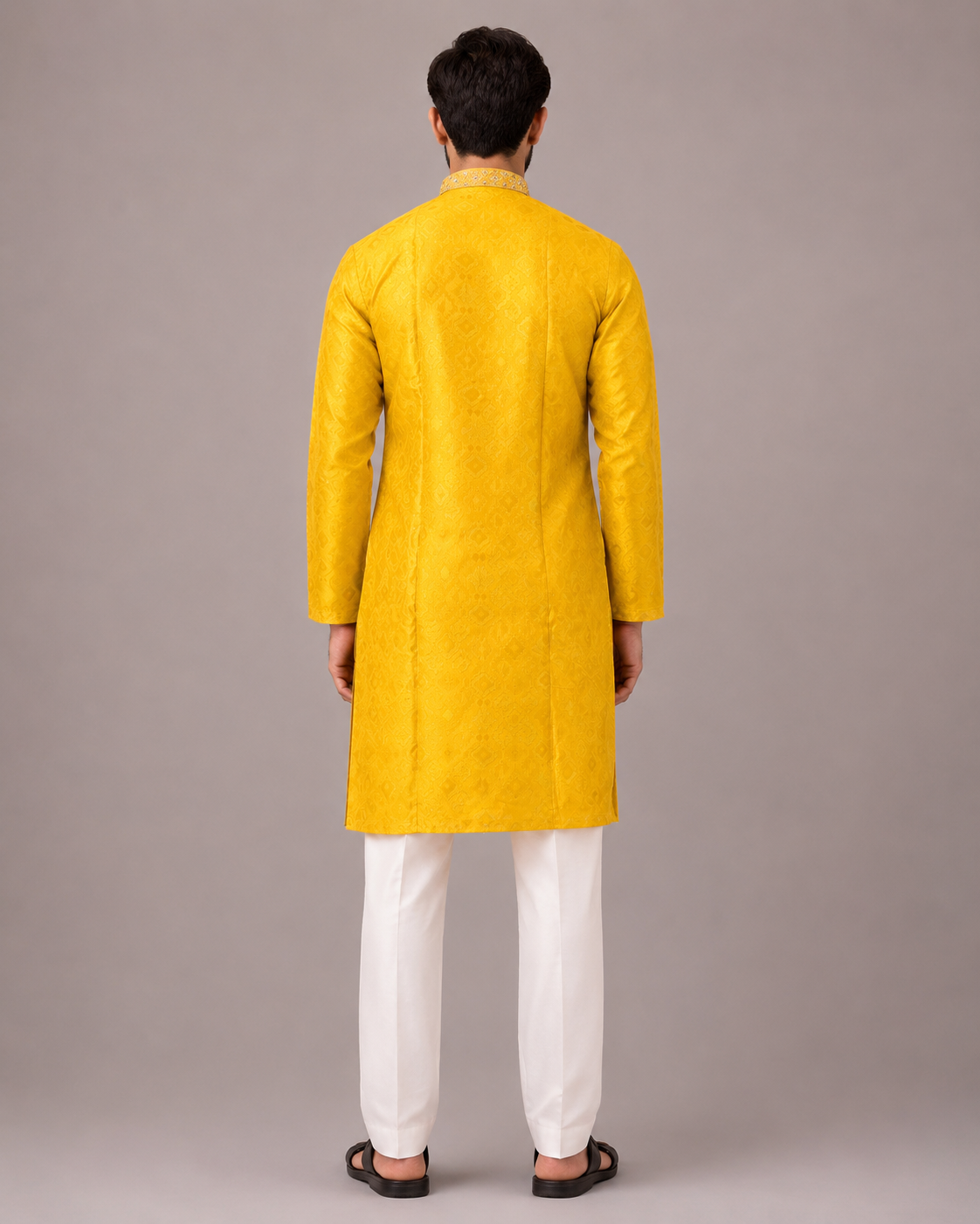 Yellow Silk Kurta Set with Hand Mirror and Thread Work