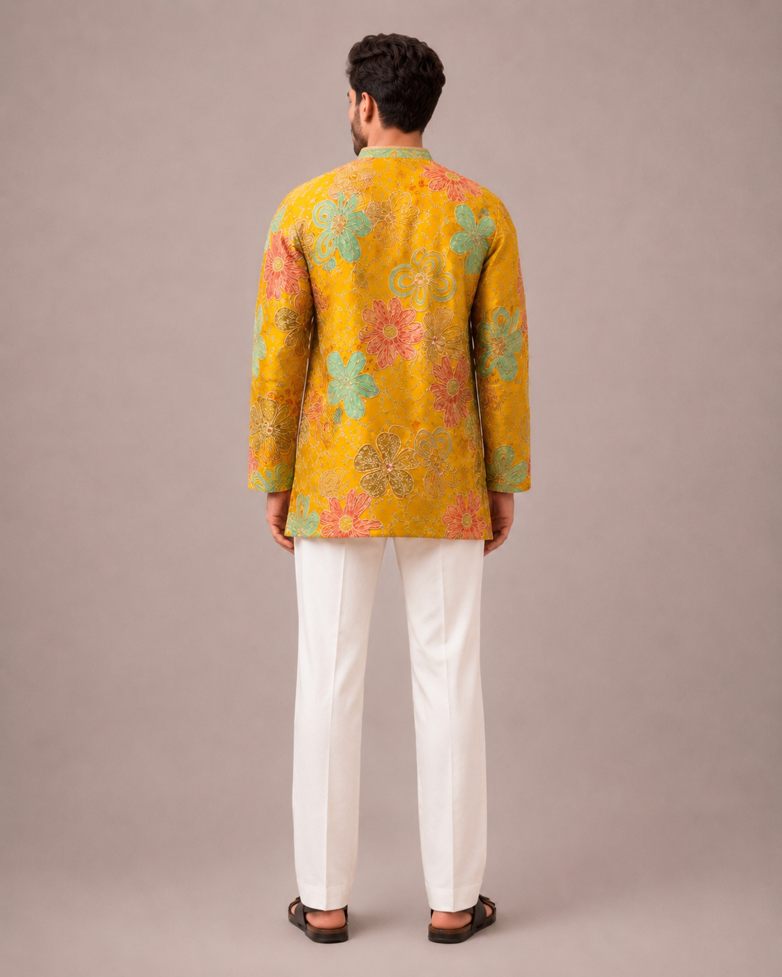 Yellow Silk Kurta Set with V Neck Flower Print and Thread Work