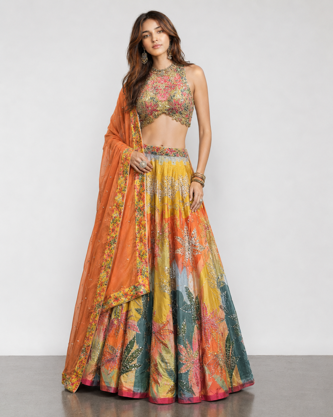 Yellow Soft Silk Choli with Multi Sequins and Floral Print Work
