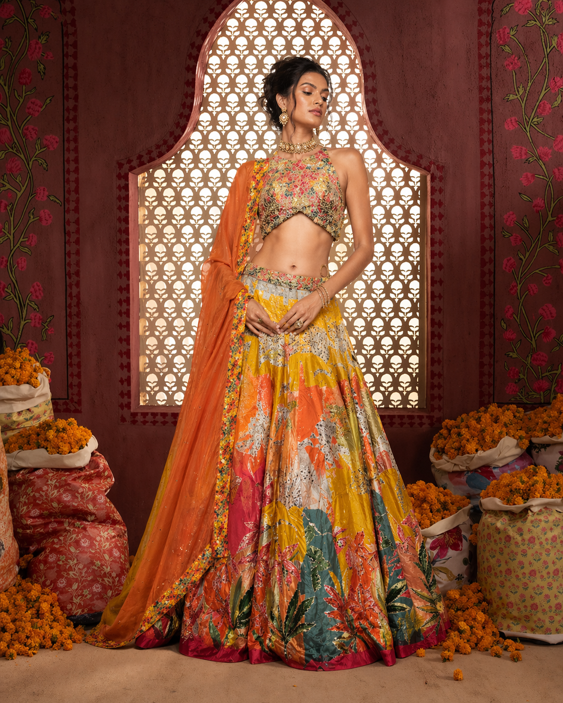 Yellow Soft Silk Choli with Multi Sequins and Floral Print Work