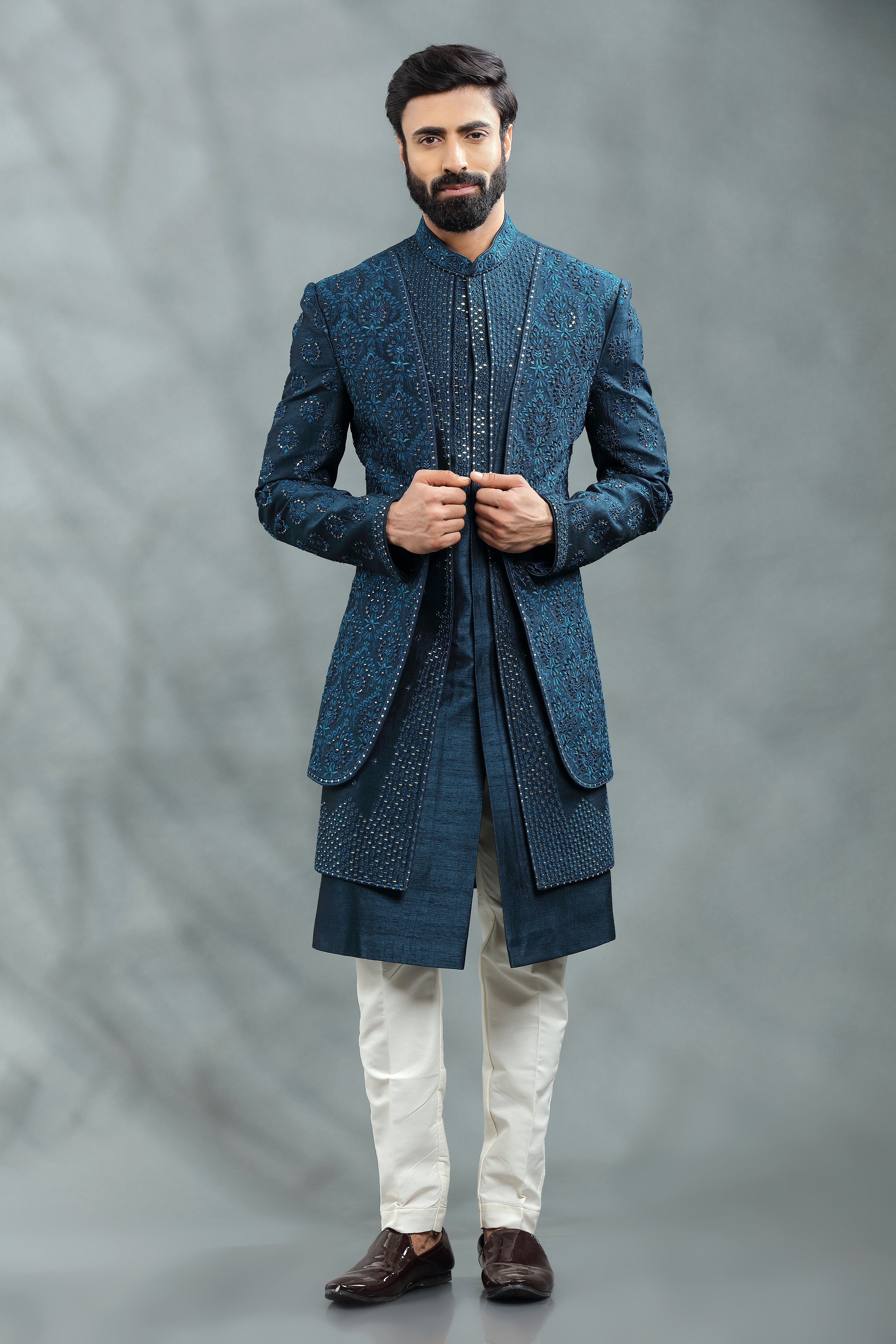 Dark Peacock Green Double layered Mirror work Jacket . - Shreeman