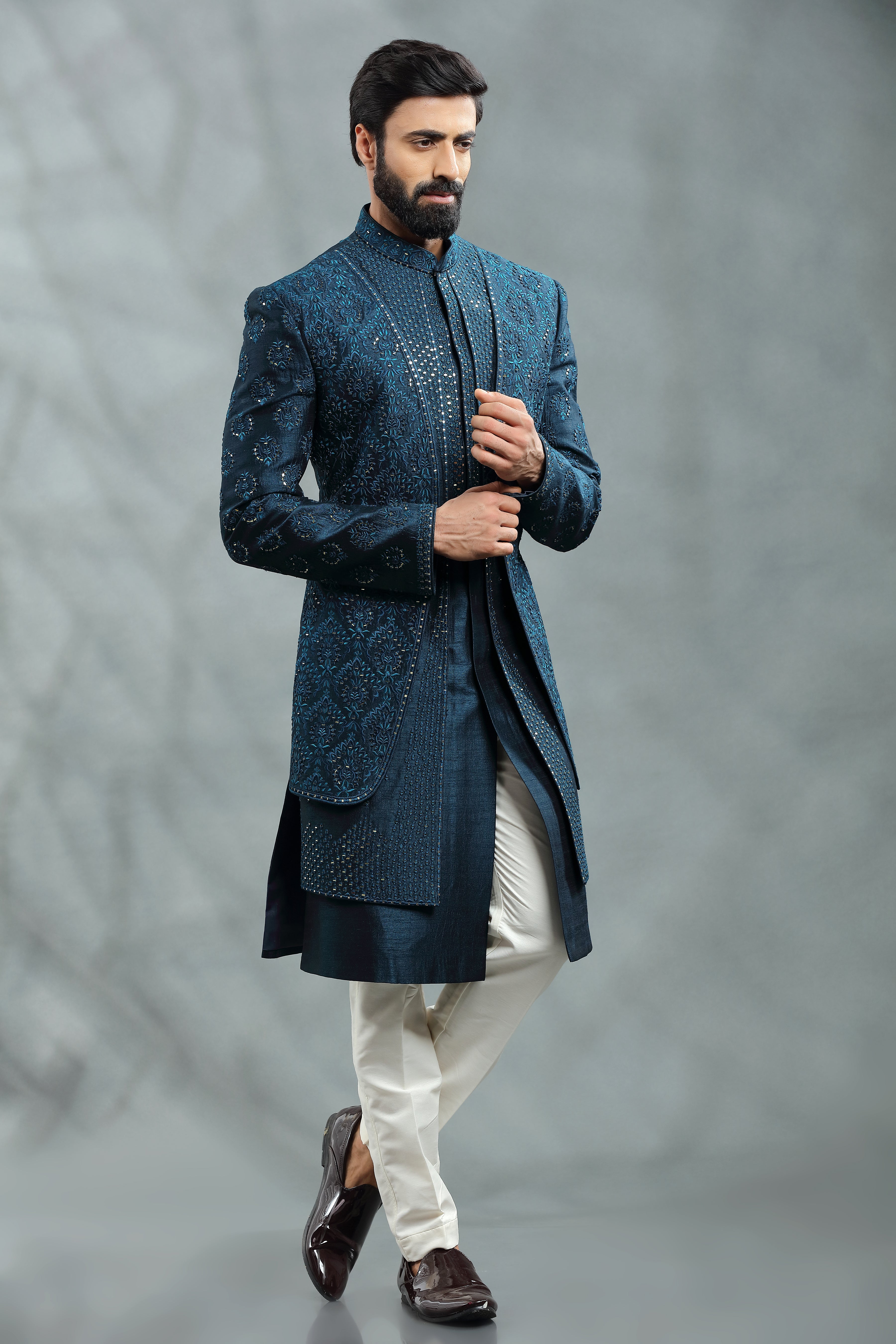 Dark Peacock Green Double layered Mirror work Jacket . - Shreeman